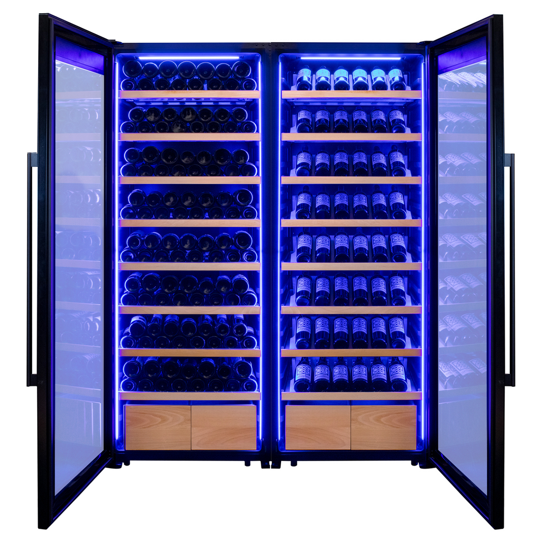 Allavino496 Bottle Dual Zone Black Glass Side-by-Side Wine Refrigerator with Display Shelving BF 2X-KWR248S-1BG