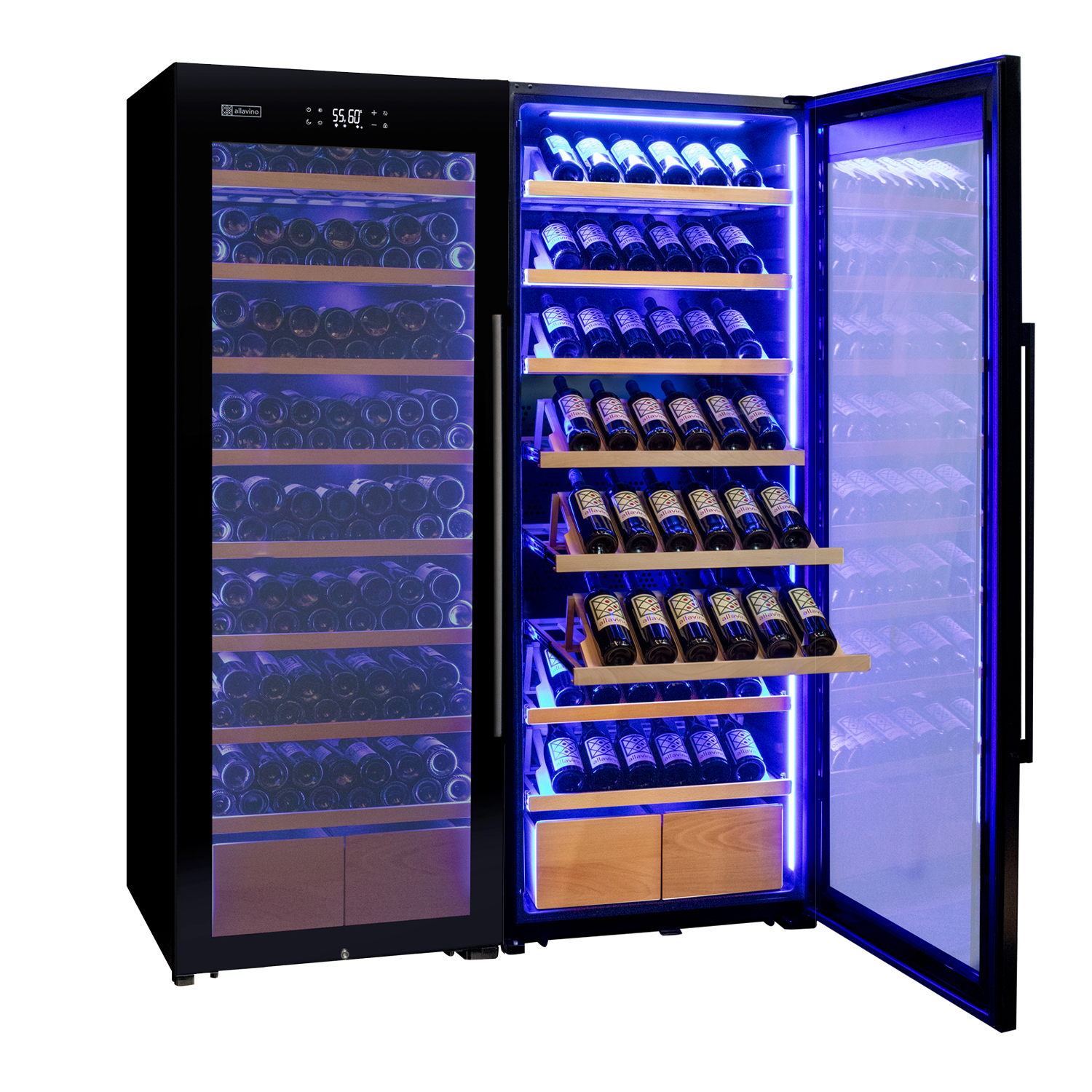 Allavino496 Bottle Dual Zone Black Glass Side-by-Side Wine Refrigerator with Display Shelving BF 2X-KWR248S-1BG