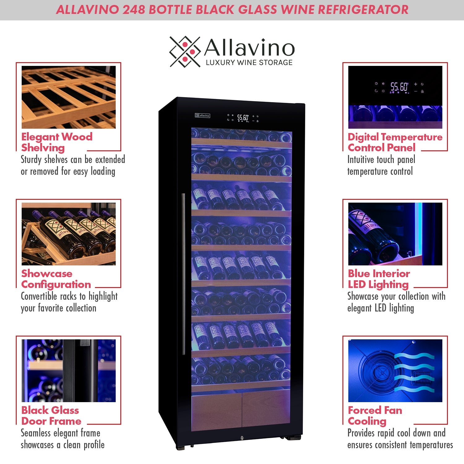 Allavino496 Bottle Dual Zone Black Glass Side-by-Side Wine Refrigerator with Display Shelving BF 2X-KWR248S-1BG