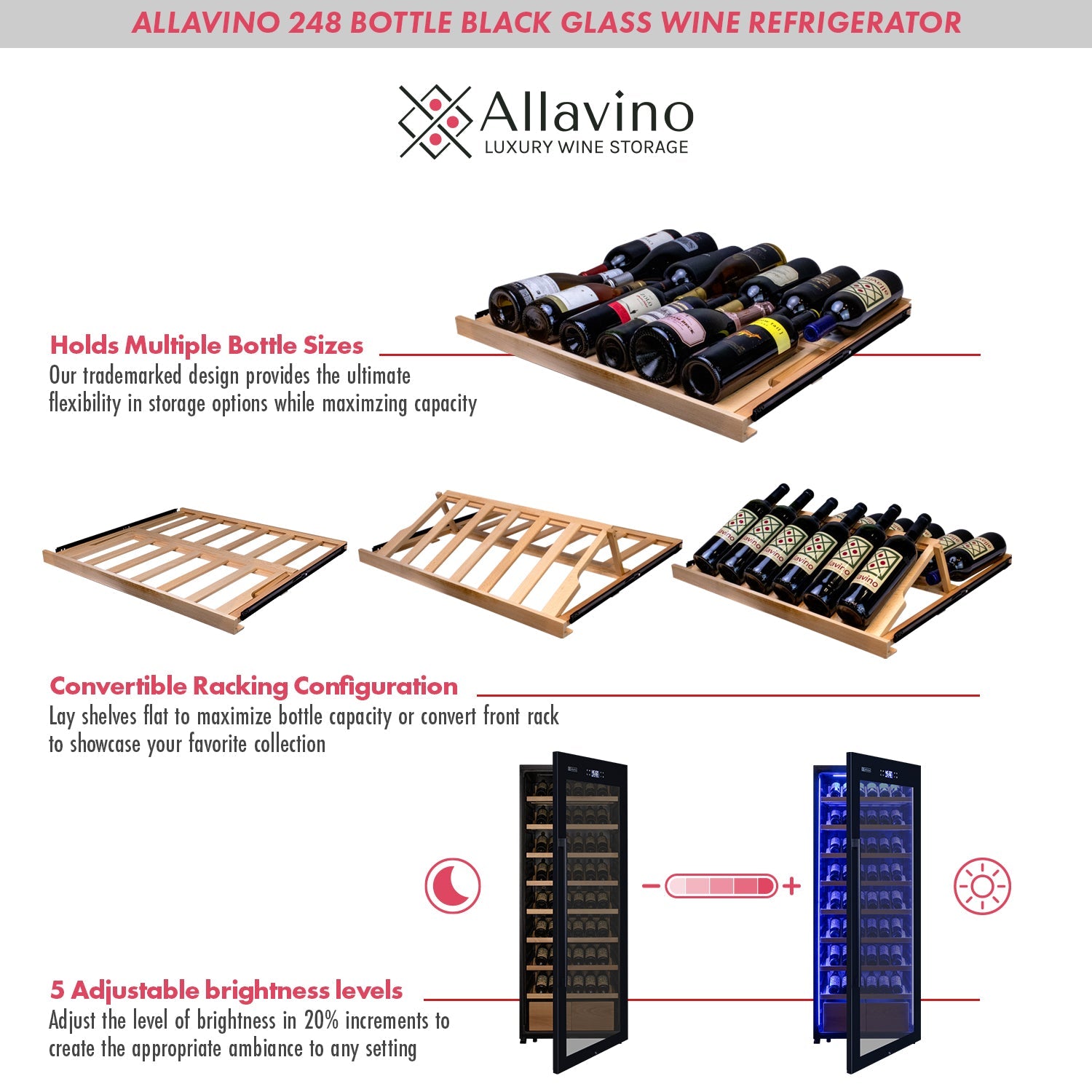 Allavino496 Bottle Dual Zone Black Glass Side-by-Side Wine Refrigerator with Display Shelving BF 2X-KWR248S-1BG