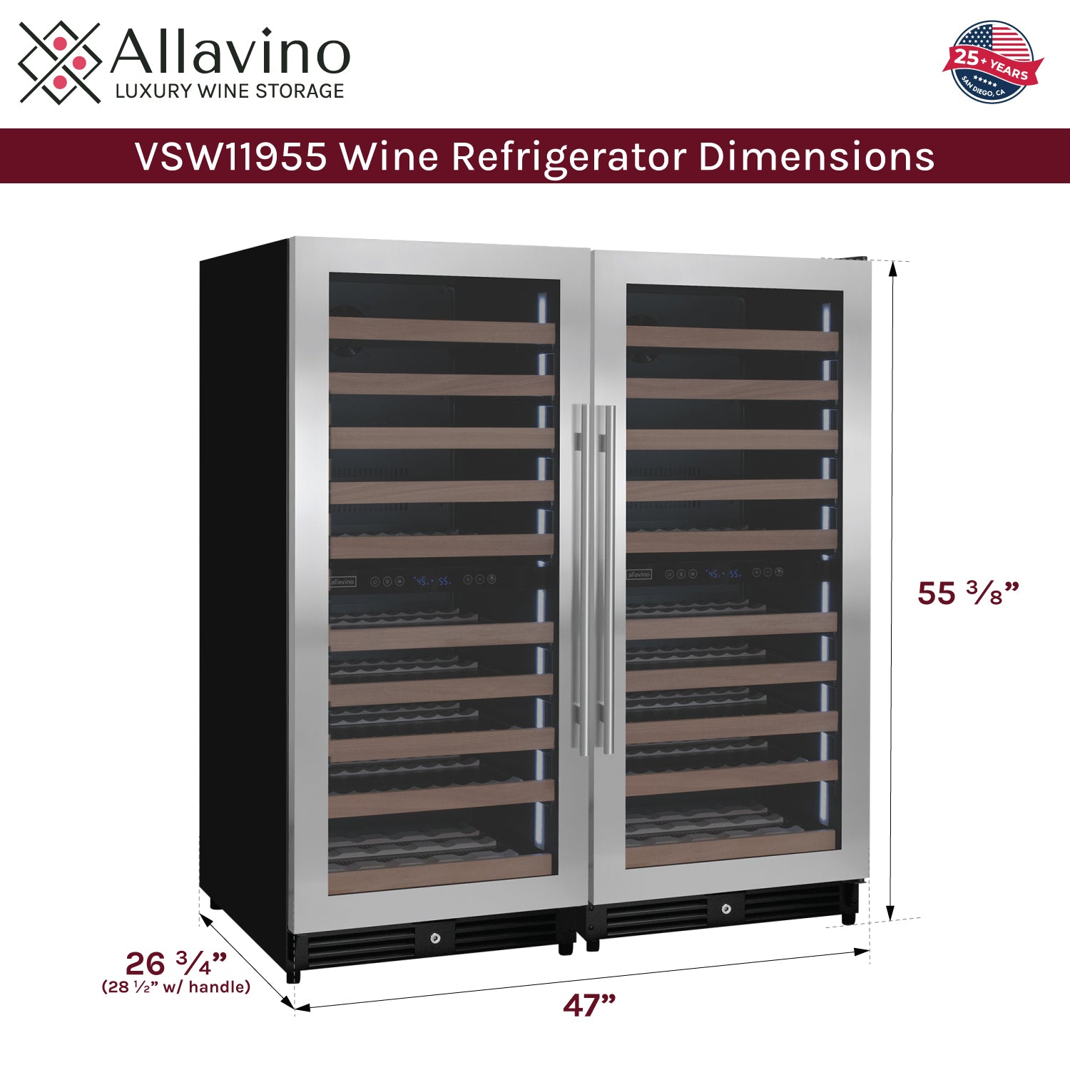 Allavino 238 Bottle 55" Tall Four Zone Side-by-Side Stainless Steel Wine Refrigerator  BF 2X-VSW11955D-2S