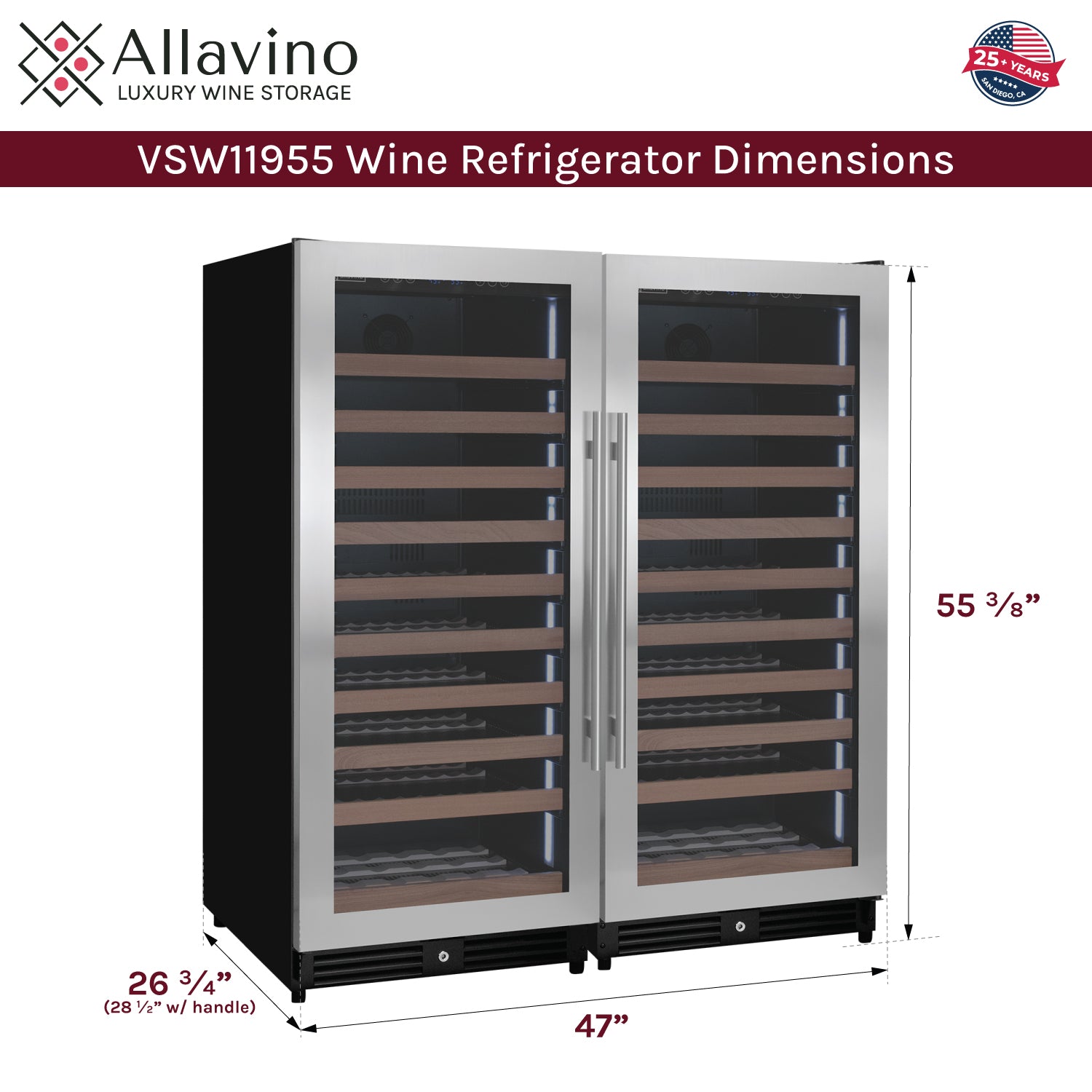Allavino 238 Bottle 55" Tall Dual Zone Side-by-Side Stainless Steel Wine Refrigerator BF 2X-VSW11955S-1S
