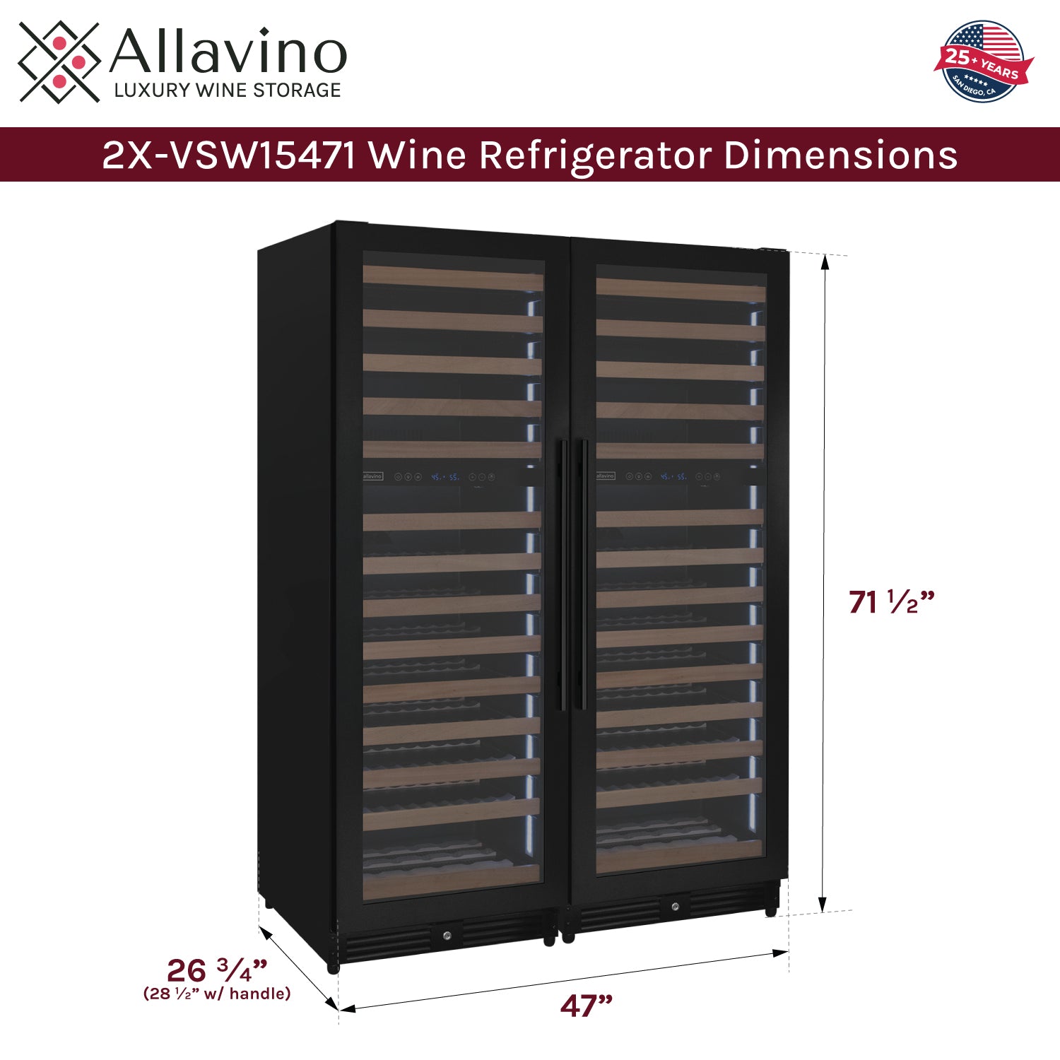 Allavino Reserva Series 308 Bottle 71" Tall Four Zone Black Metal Side-by-Side Wine Refrigerator BF 2X-VSW15471D-2B