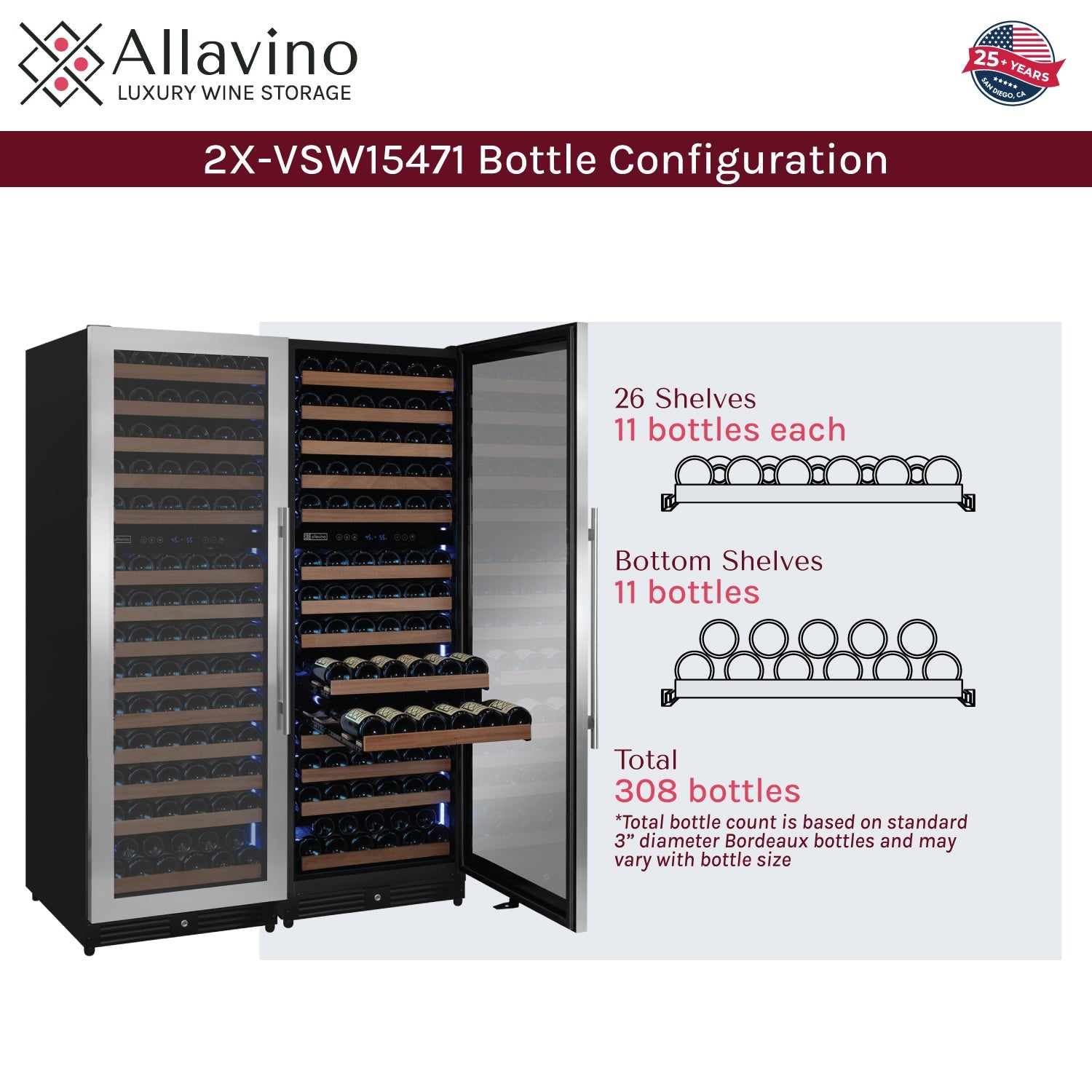 Allavino Reserva Series 308 Bottle 71" Tall Four Zone Stainless Steel Side-by-Side Wine Refrigerator BF 2X-VSW15471D-2S