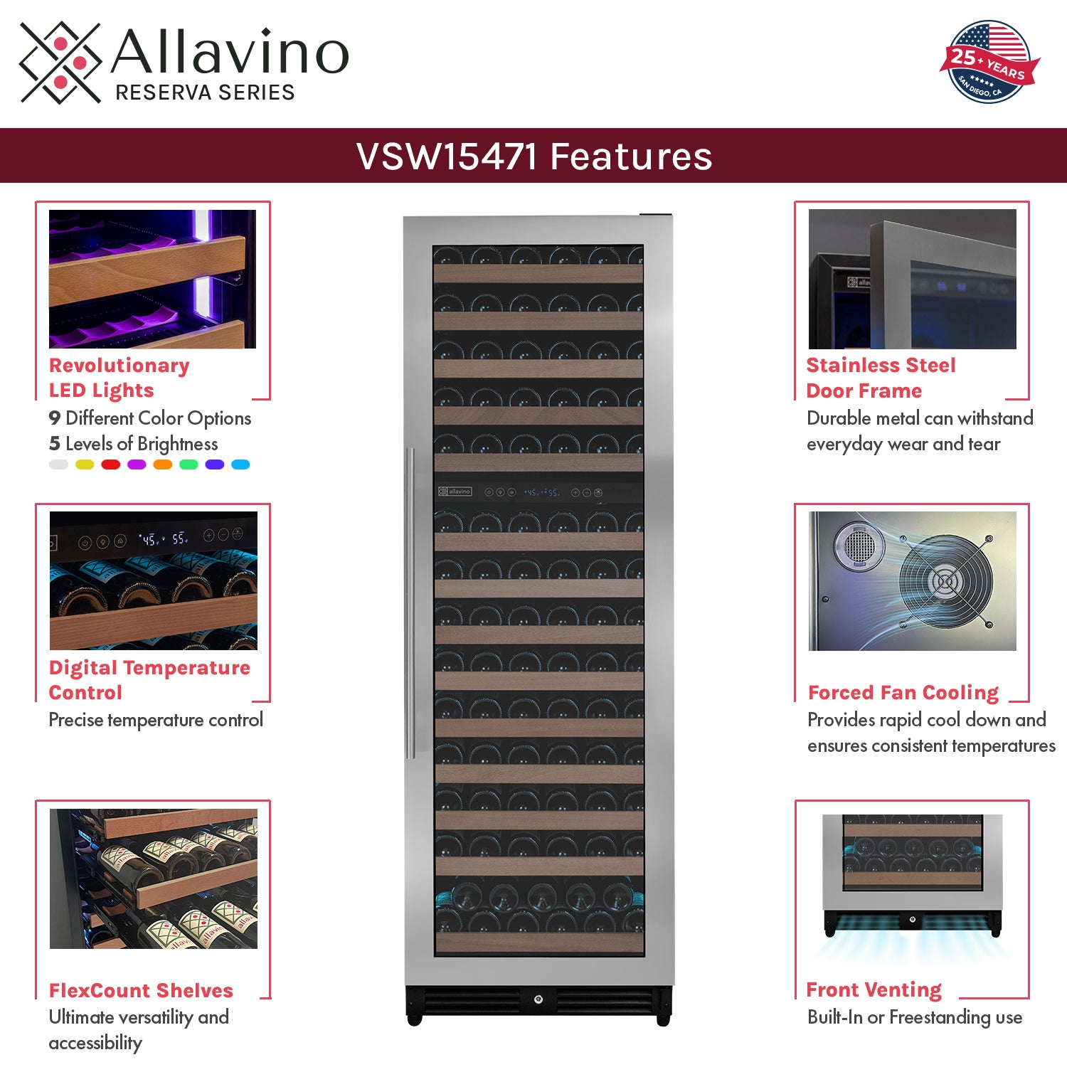 Allavino Reserva Series 308 Bottle 71" Tall Four Zone Stainless Steel Side-by-Side Wine Refrigerator BF 2X-VSW15471D-2S