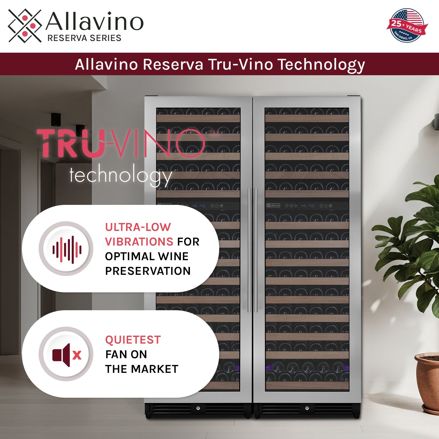 Allavino Reserva Series 308 Bottle 71" Tall Four Zone Stainless Steel Side-by-Side Wine Refrigerator BF 2X-VSW15471D-2S