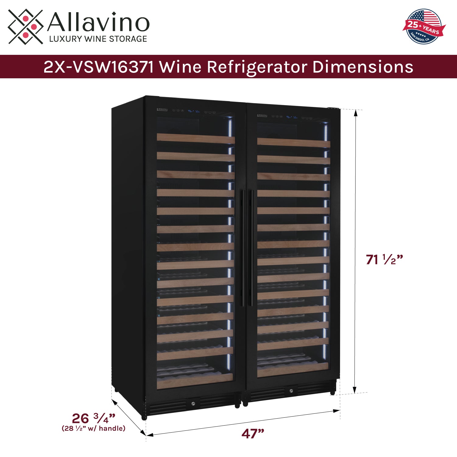 Allavino Reserva Series 326 Bottle 71" Tall Dual Zone Black Metal Side-by-Side Wine Refrigerator BF 2X-VSW16371S-1B