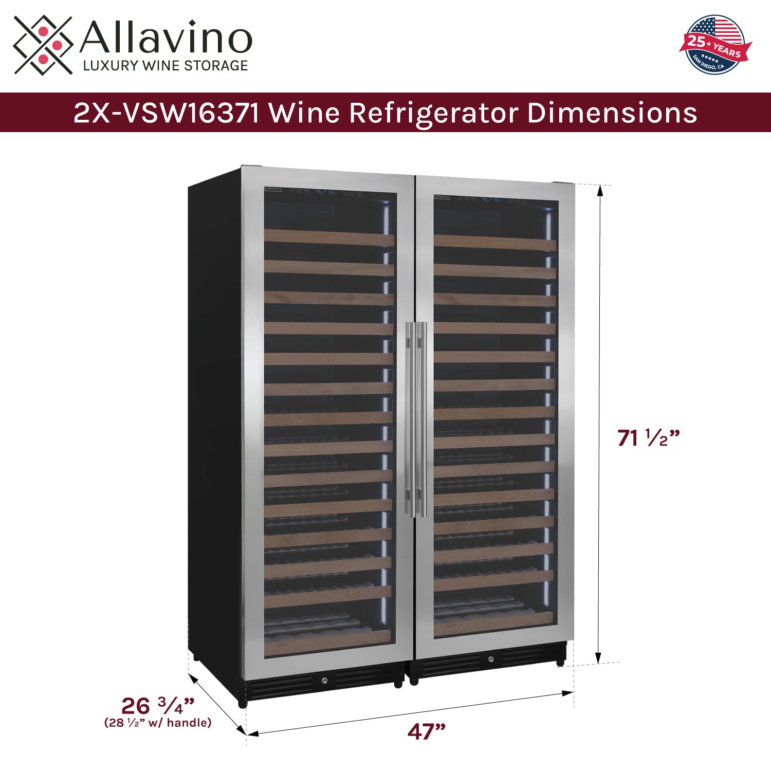 Allavino Reserva Series 326 Bottle 71" Tall Dual Zone Stainless Steel Side-by-Side Wine Refrigerator BF 2X-VSW16371S-1S