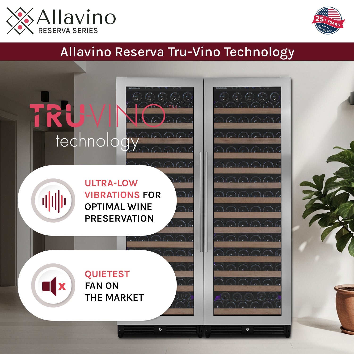 Allavino Reserva Series 326 Bottle 71" Tall Dual Zone Stainless Steel Side-by-Side Wine Refrigerator BF 2X-VSW16371S-1S