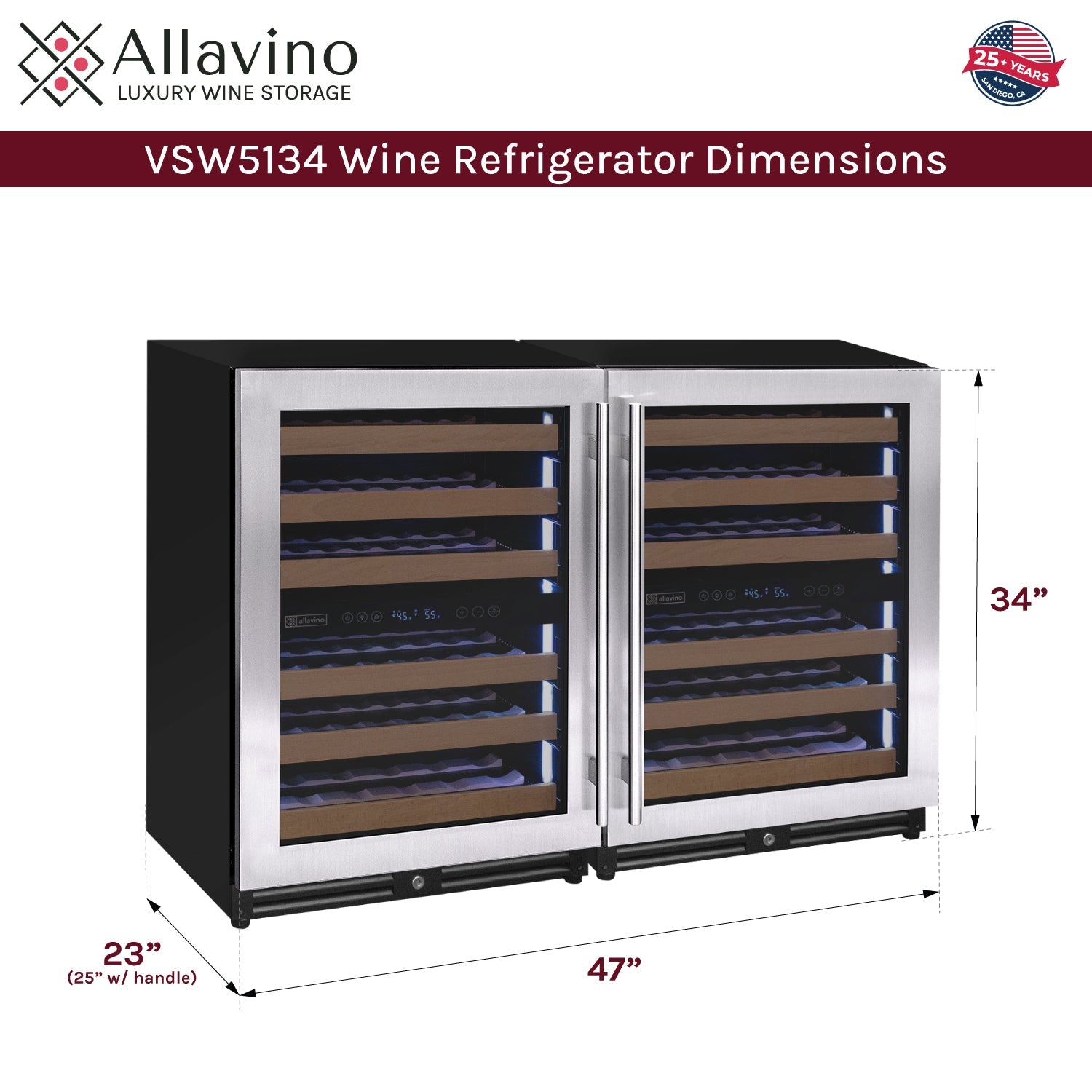 Allavino Reserva Series 102 Bottle Four Zone Undercounter Wine Refrigerator Cooler with Stainless Steel Doors - Side-by-Side BF 2X-VSW5134D-2S