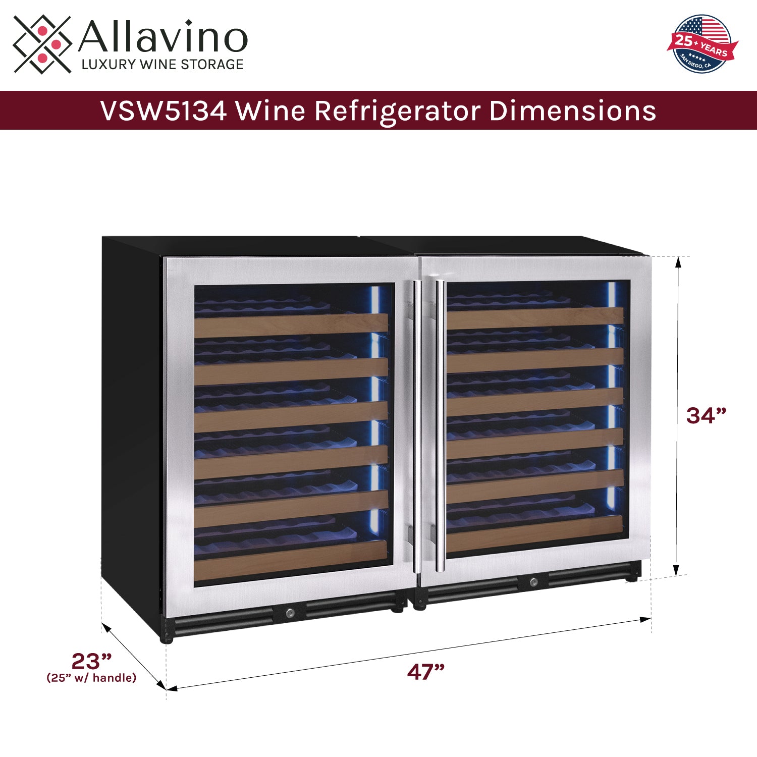Allavino Reserva Series 102 Bottle Dual Zone Built-in Luxury Wine Refrigerator with Stainless Steel Doors - Side-by-Side BF 2X-VSW5134S-1S