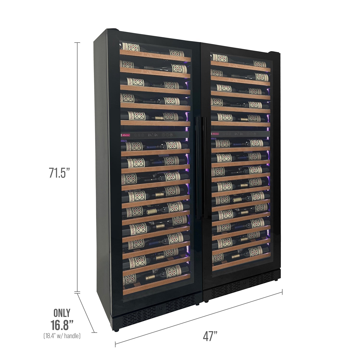Allavino Reserva Series 134 Bottle 71" Tall Four Zone Black Side-by-Side Shallow Wine Refrigerator with Wood Front Shelves BF 2X-VSW6771D-2B-W