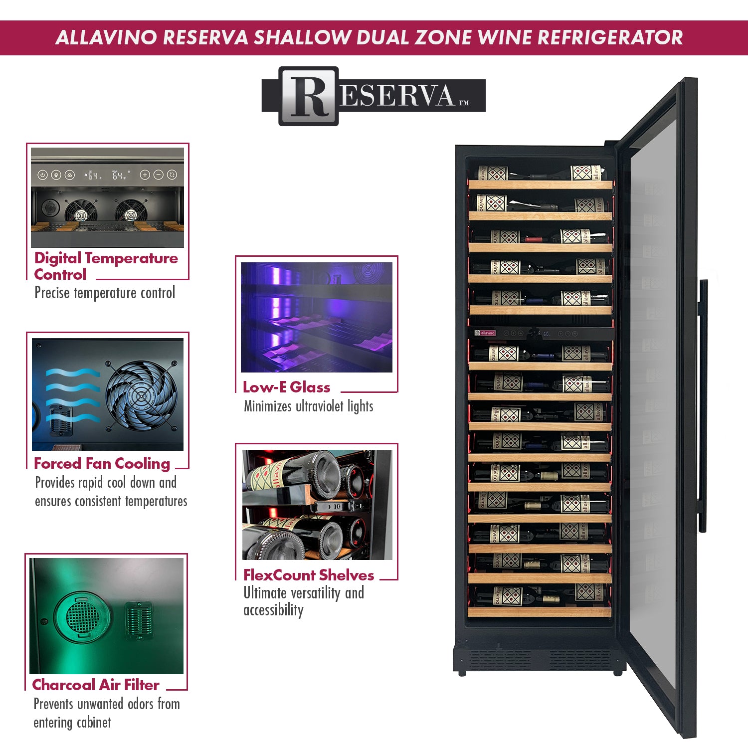 Allavino Reserva Series 134 Bottle 71" Tall Four Zone Black Side-by-Side Shallow Wine Refrigerator with Wood Front Shelves BF 2X-VSW6771D-2B-W