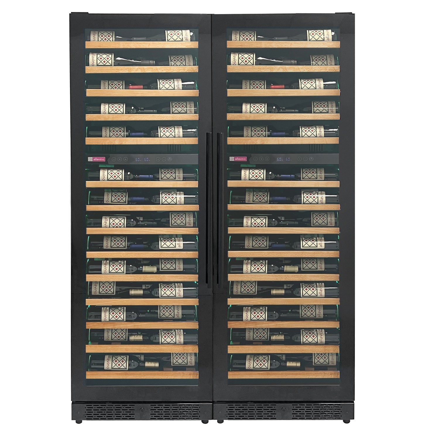 Allavino Reserva Series 134 Bottle 71" Tall Four Zone Black Side-by-Side Shallow Wine Refrigerator with Wood Front Shelves BF 2X-VSW6771D-2B-W