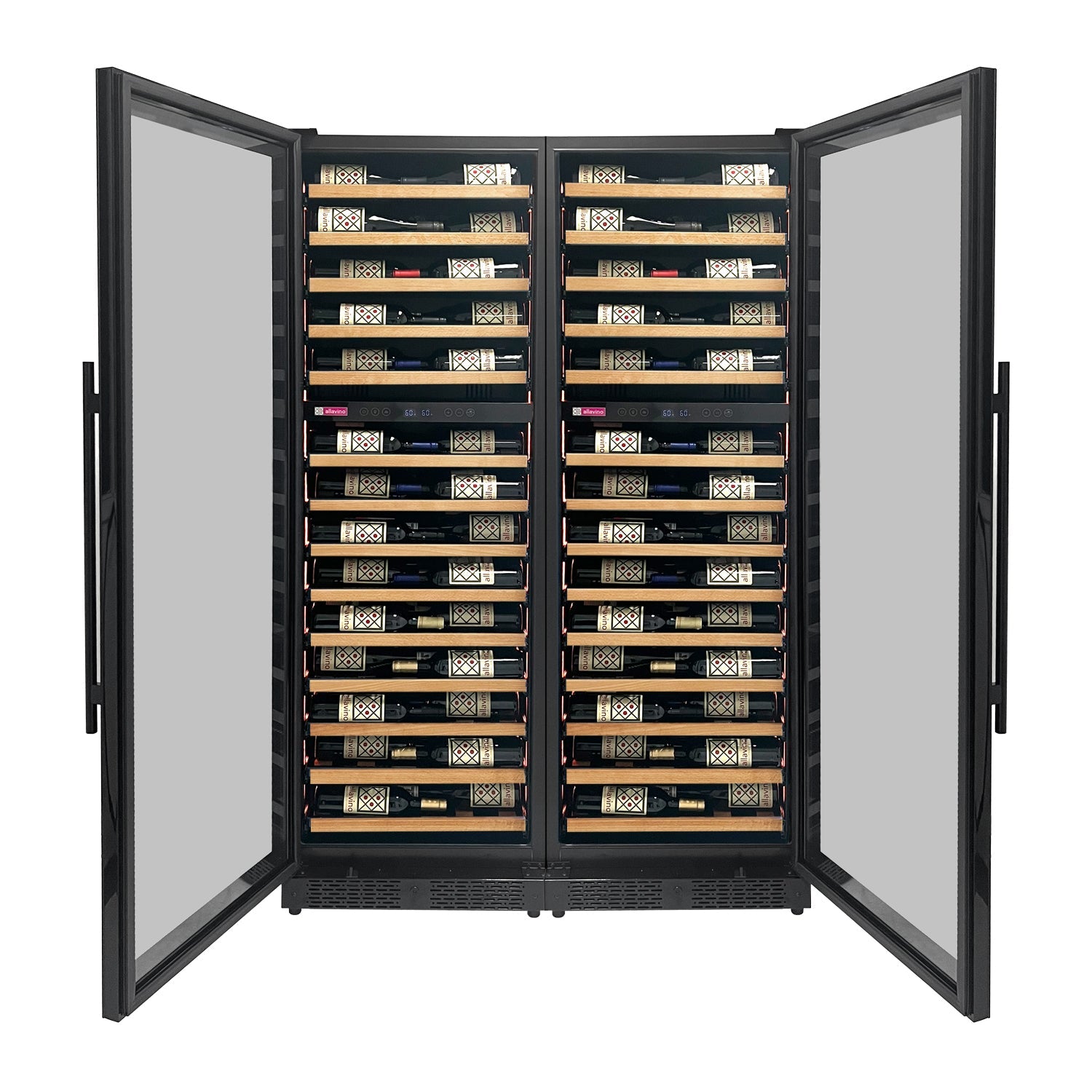 Allavino Reserva Series 134 Bottle 71" Tall Four Zone Black Side-by-Side Shallow Wine Refrigerator with Wood Front Shelves BF 2X-VSW6771D-2B-W