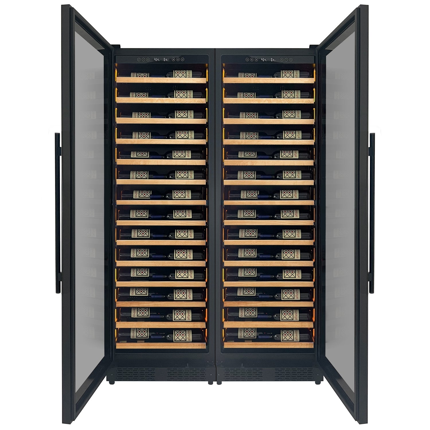 Allavino Reserva Series 134 Bottle 71" Tall Dual Zone Black Side-by-Side Shallow Wine Refrigerator with Wood Front Shelves BF 2X-VSW6771S-1B-W