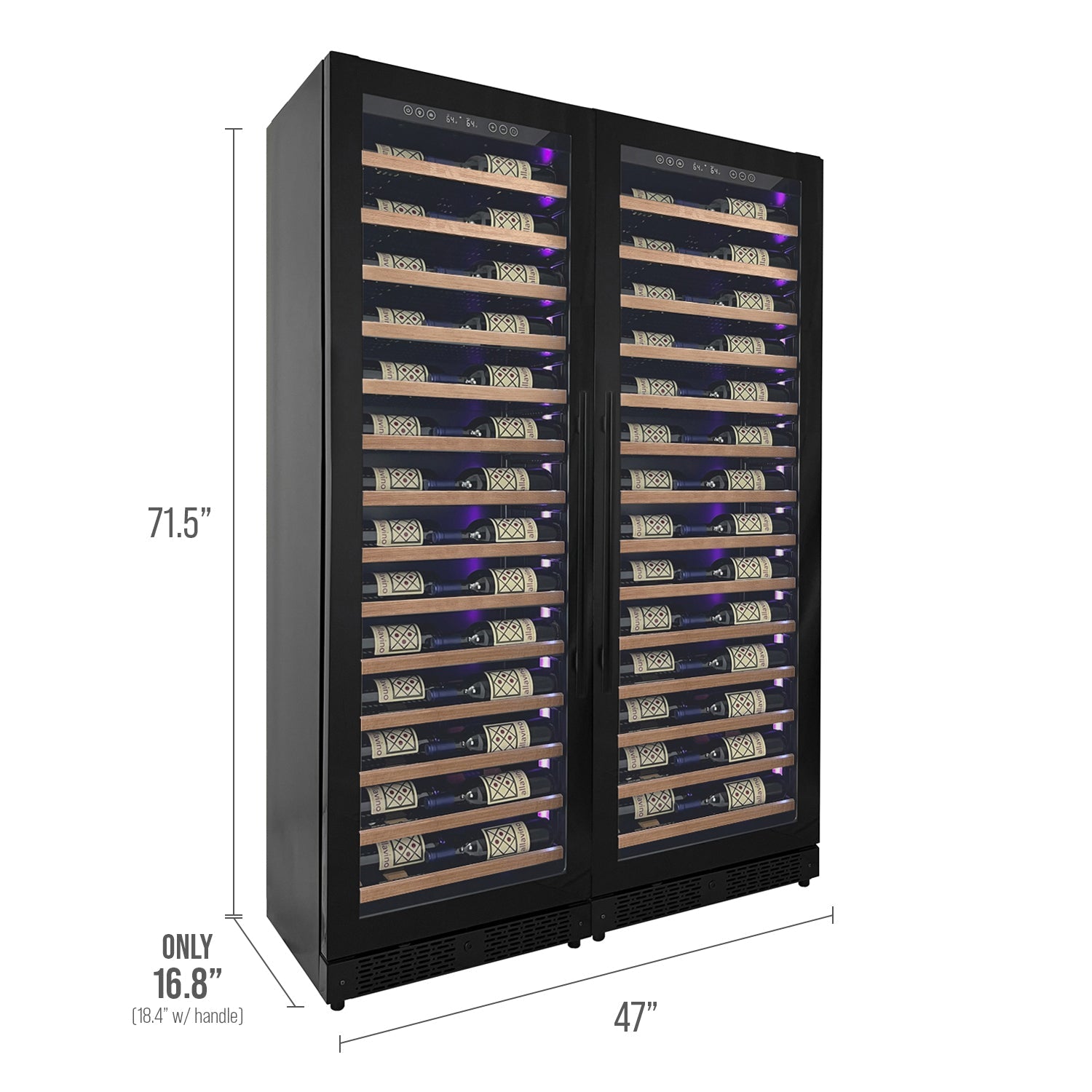 Allavino Reserva Series 134 Bottle 71" Tall Dual Zone Black Side-by-Side Shallow Wine Refrigerator with Wood Front Shelves BF 2X-VSW6771S-1B-W