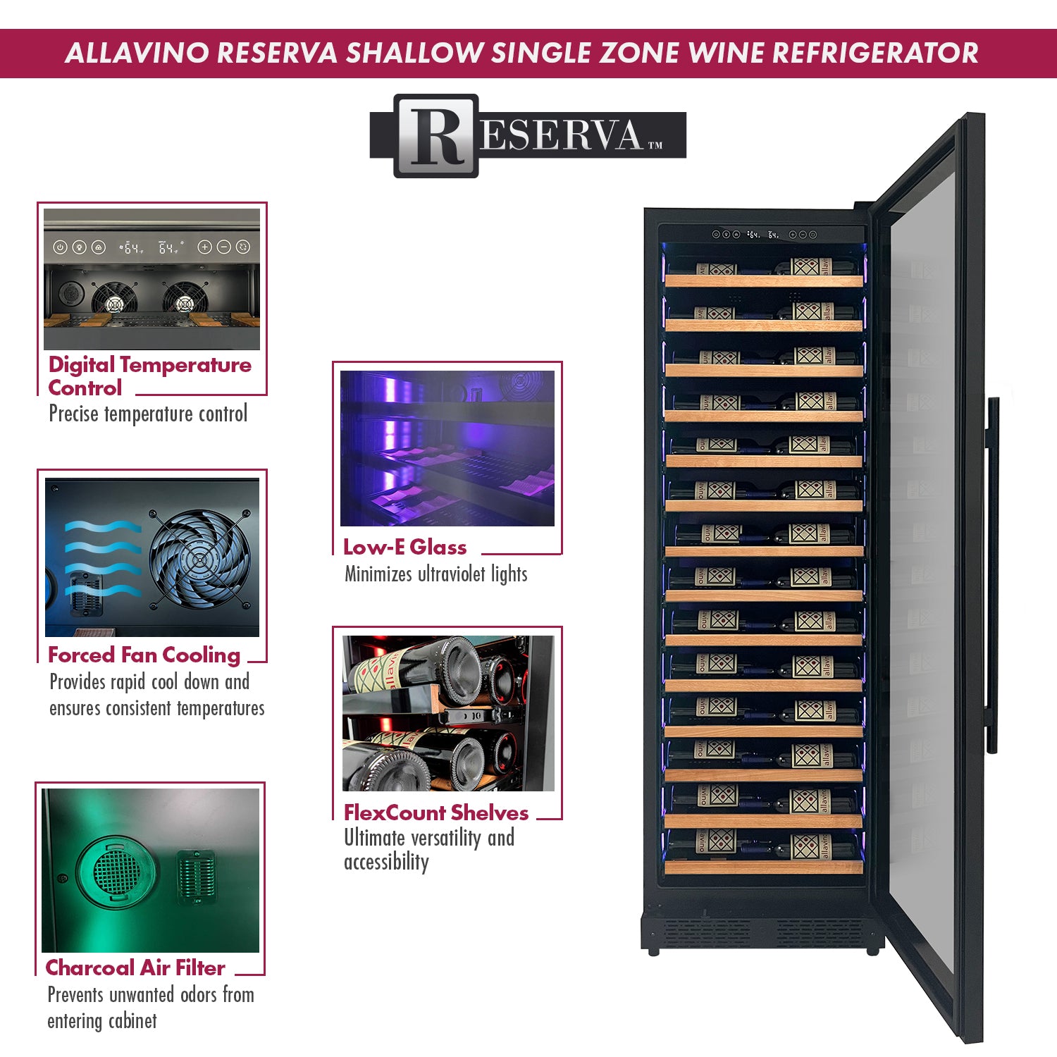 Allavino Reserva Series 134 Bottle 71" Tall Dual Zone Black Side-by-Side Shallow Wine Refrigerator with Wood Front Shelves BF 2X-VSW6771S-1B-W