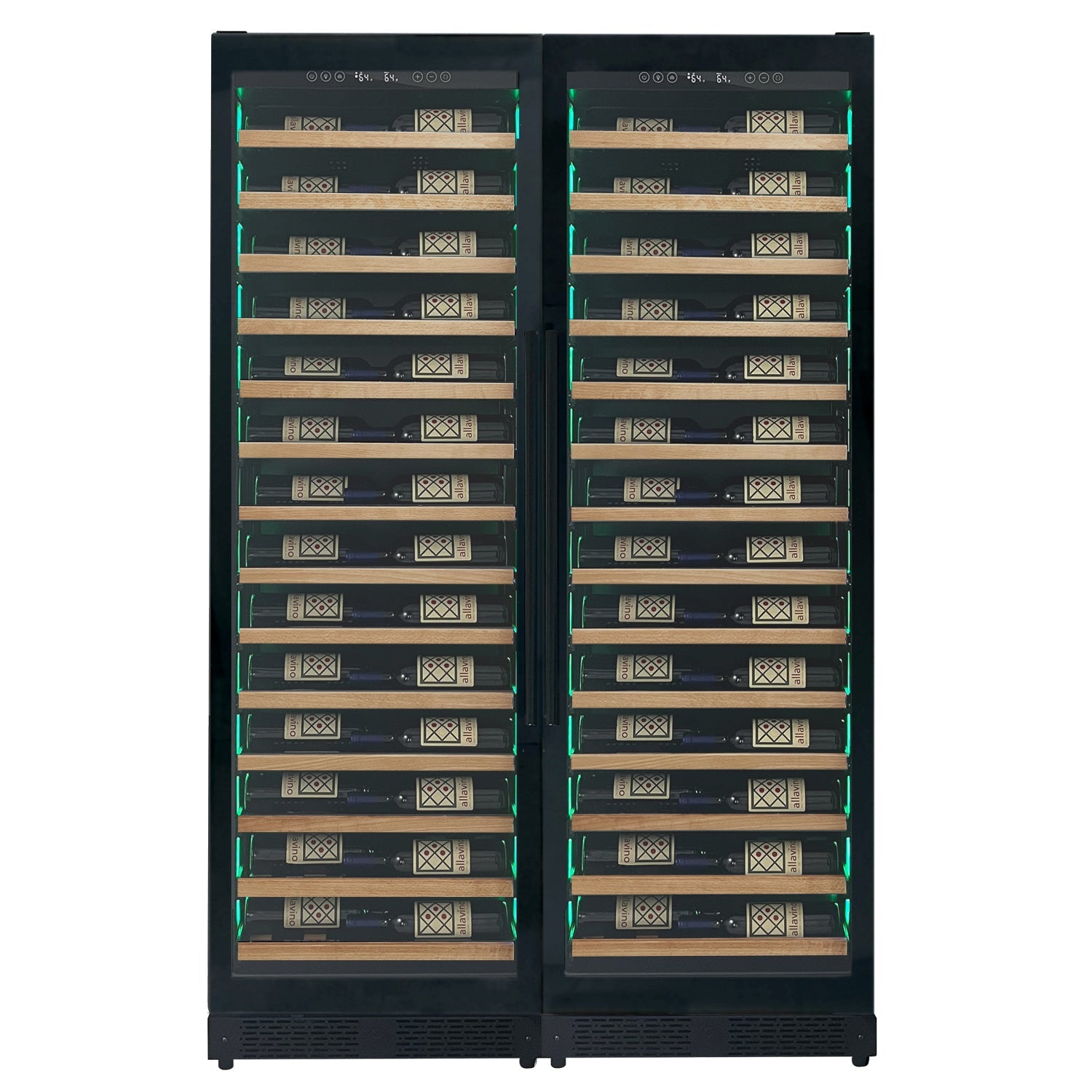 Allavino Reserva Series 134 Bottle 71" Tall Dual Zone Black Side-by-Side Shallow Wine Refrigerator with Wood Front Shelves BF 2X-VSW6771S-1B-W