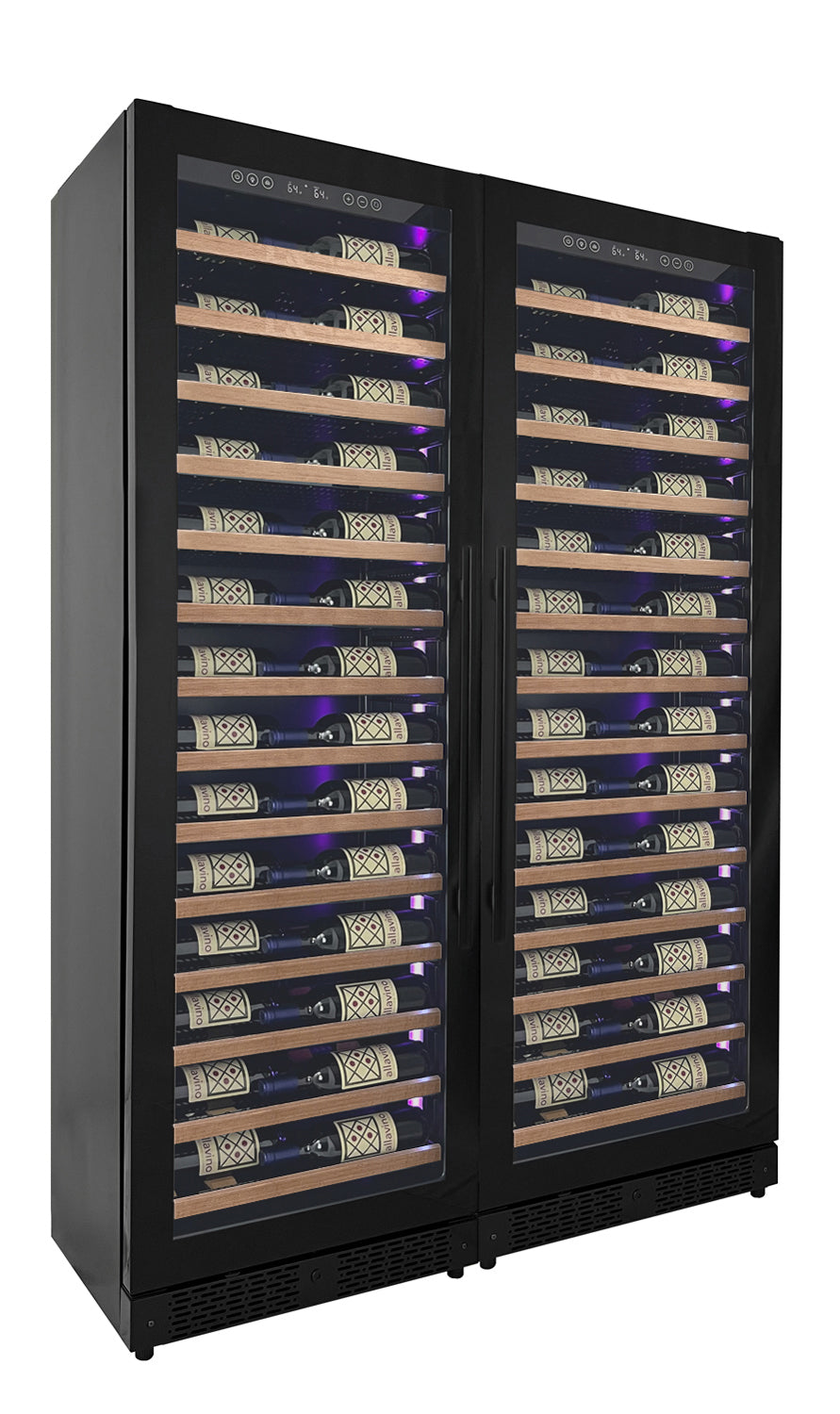 Allavino Reserva Series 134 Bottle 71" Tall Dual Zone Black Side-by-Side Shallow Wine Refrigerator with Wood Front Shelves BF 2X-VSW6771S-1B-W