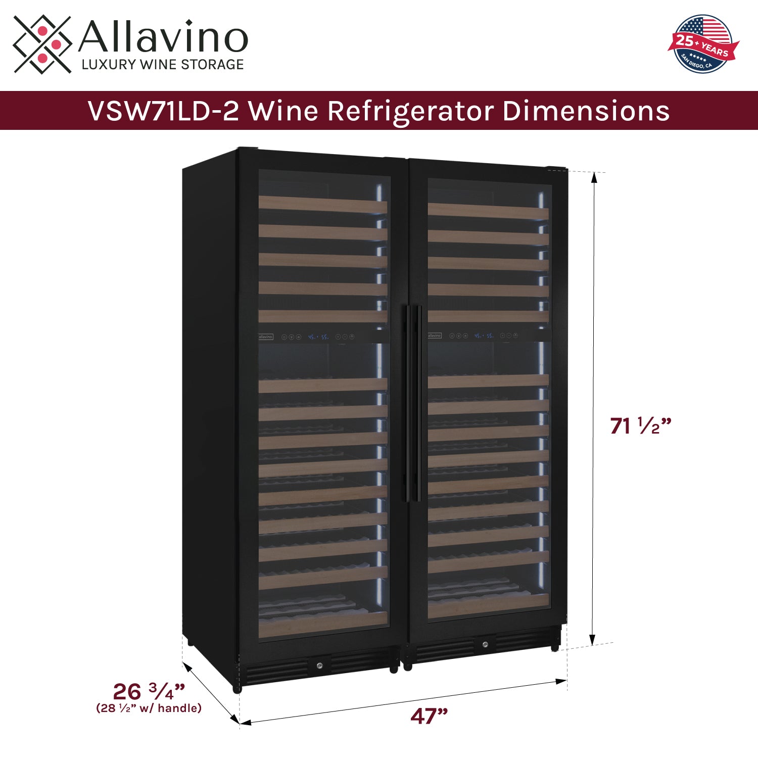 Allavino Reserva Series 344 Bottle Four Zone Built-In Side-by-Side Wine Refrigerators with Black Metal Doors BF 2X-VSW71LD-2B