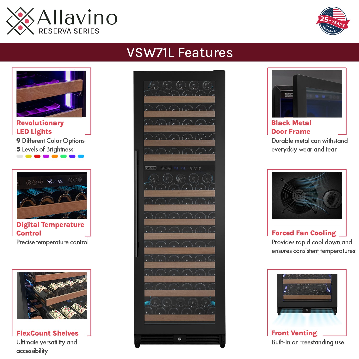 Allavino Reserva Series 344 Bottle Four Zone Built-In Side-by-Side Wine Refrigerators with Black Metal Doors BF 2X-VSW71LD-2B