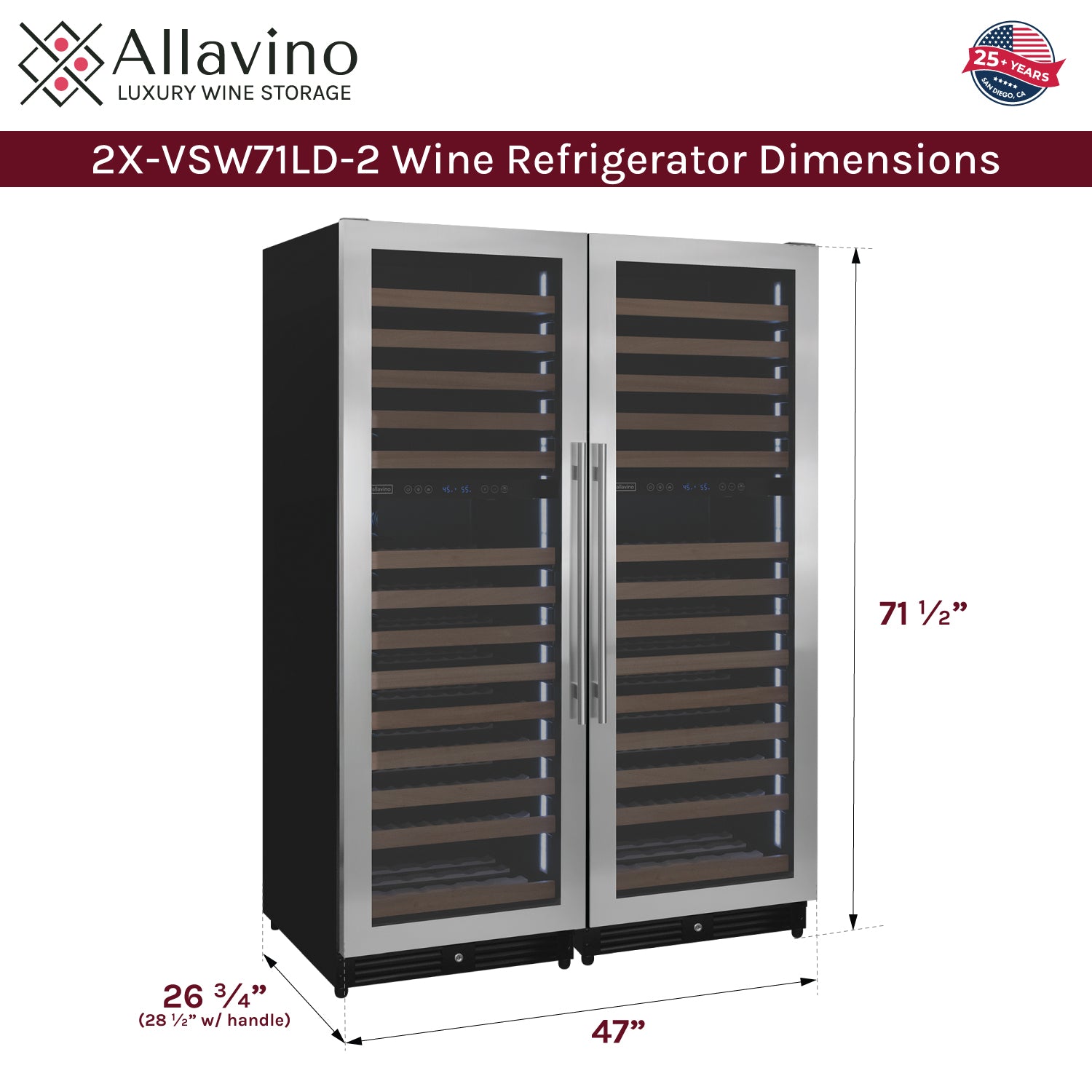Allavino Reserva Series 344 Bottle Four Zone Built-In Side-by-Side Wine Refrigerator with Stainless Steel Doors BF 2X-VSW71LD-2S