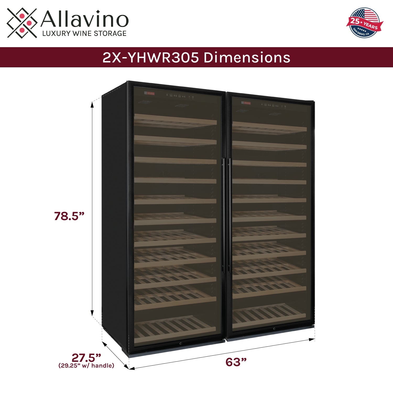 Allavino 63" Wide Vite II Tru-Vino 554 Bottle Dual Zone Black Side-by-Side Wine Refrigerator  BF 2X-YHWR305-1B20