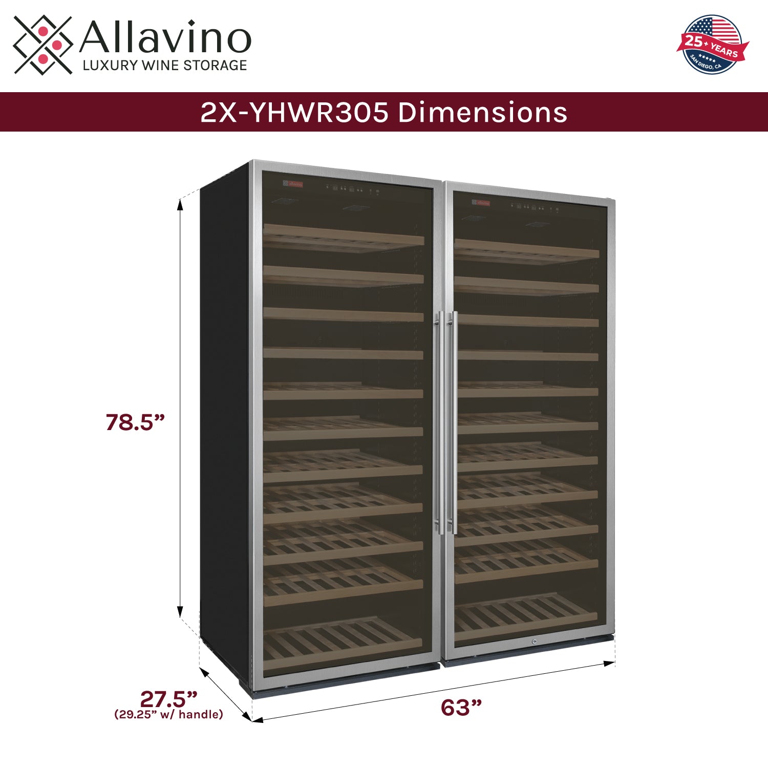 Allavino 63" Wide Vite II Tru-Vino 554 Bottle Dual Zone Stainless Steel Side-by-Side Wine Refrigerator BF 2X-YHWR305-1S20