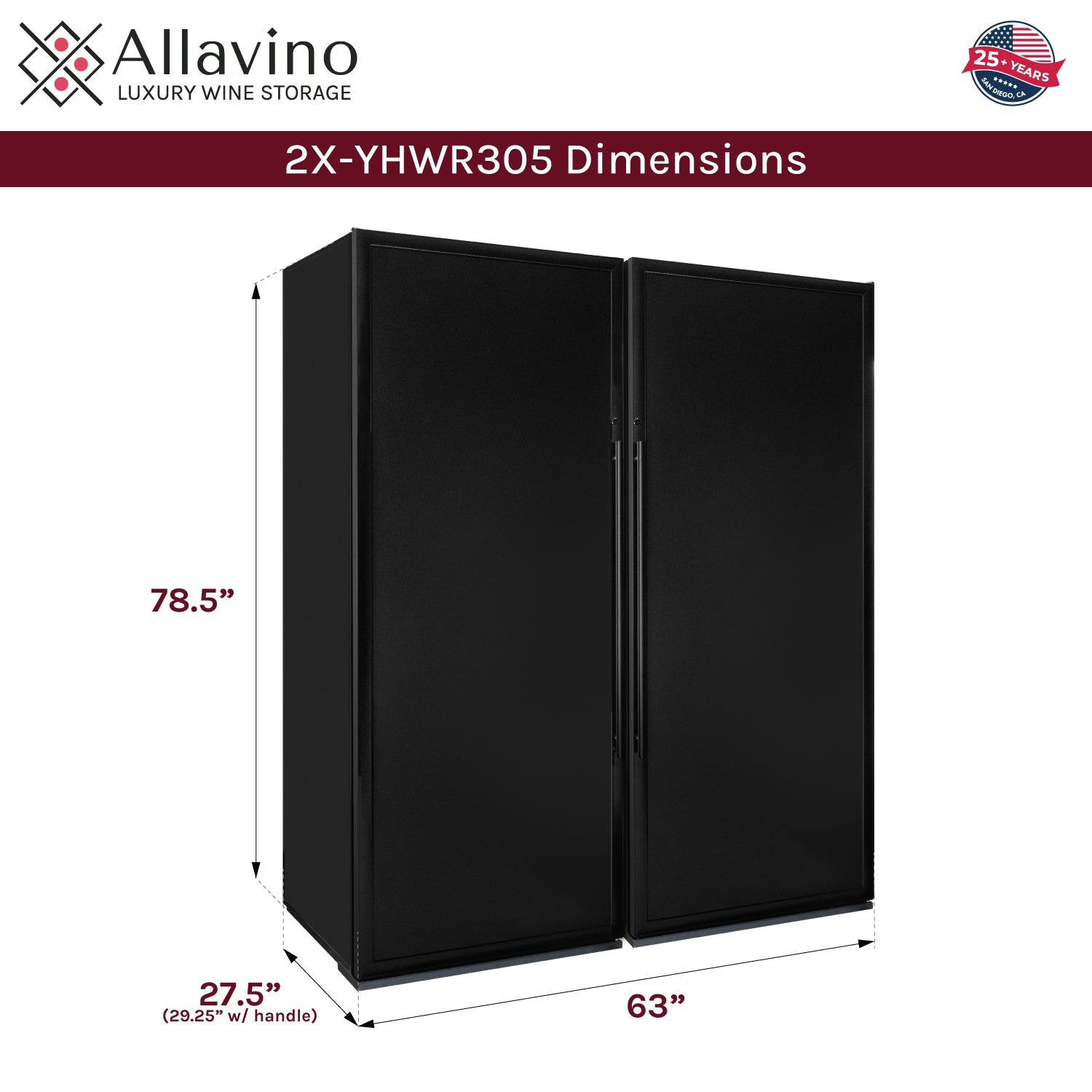 Allavino 63" Wide Vite II Tru-Vino 610 Bottle Dual Zone Solid Black Door Side-by-Side Wine Refrigerator BF 2X-YHWR305-SD
