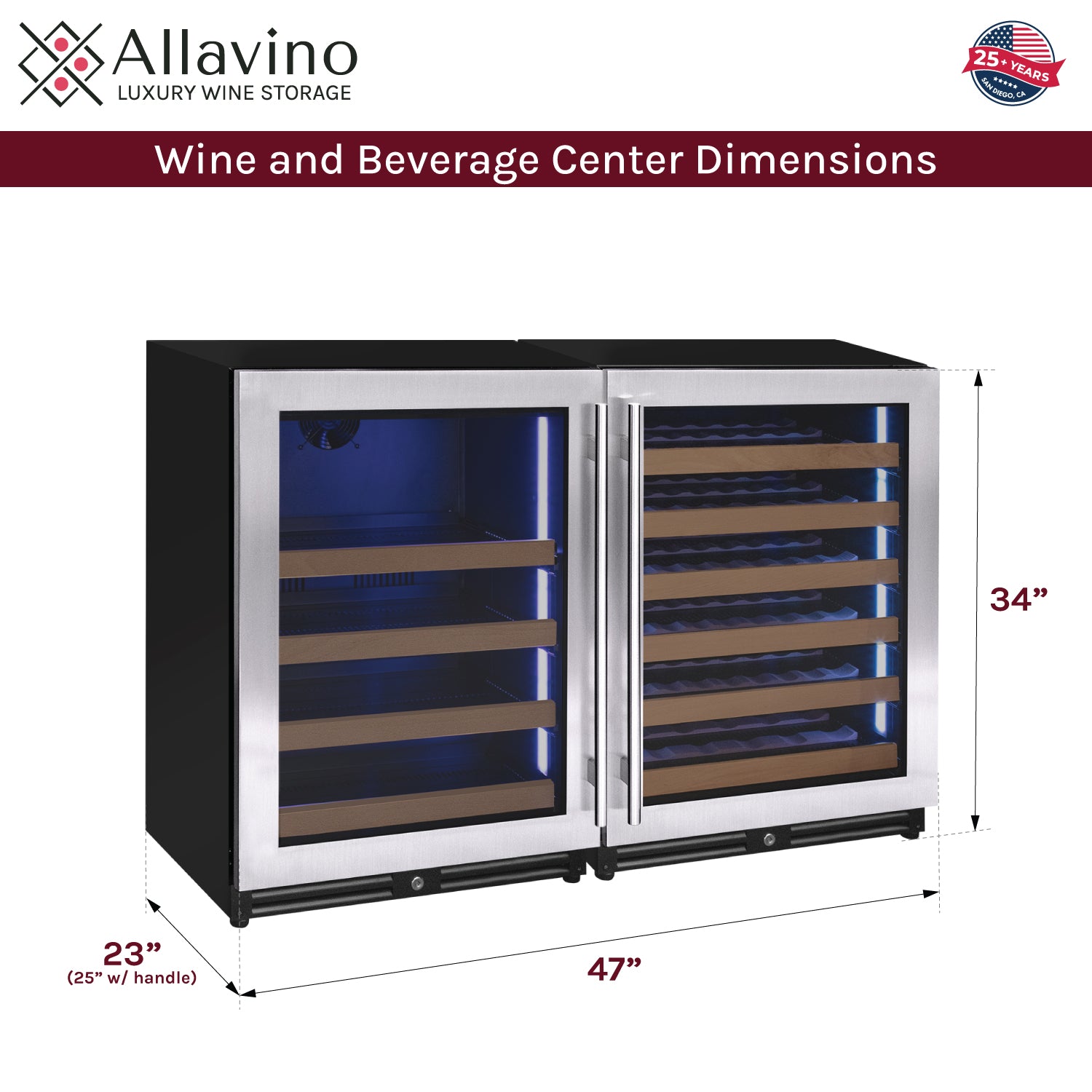 Allavino 47" Wide Reserva Series 51 Bottle/124 Can Stainless Steel Side-by-Side Two Zone Wine Refrigerator/Beverage Center : BF 2Z-VSWB24L-2S
