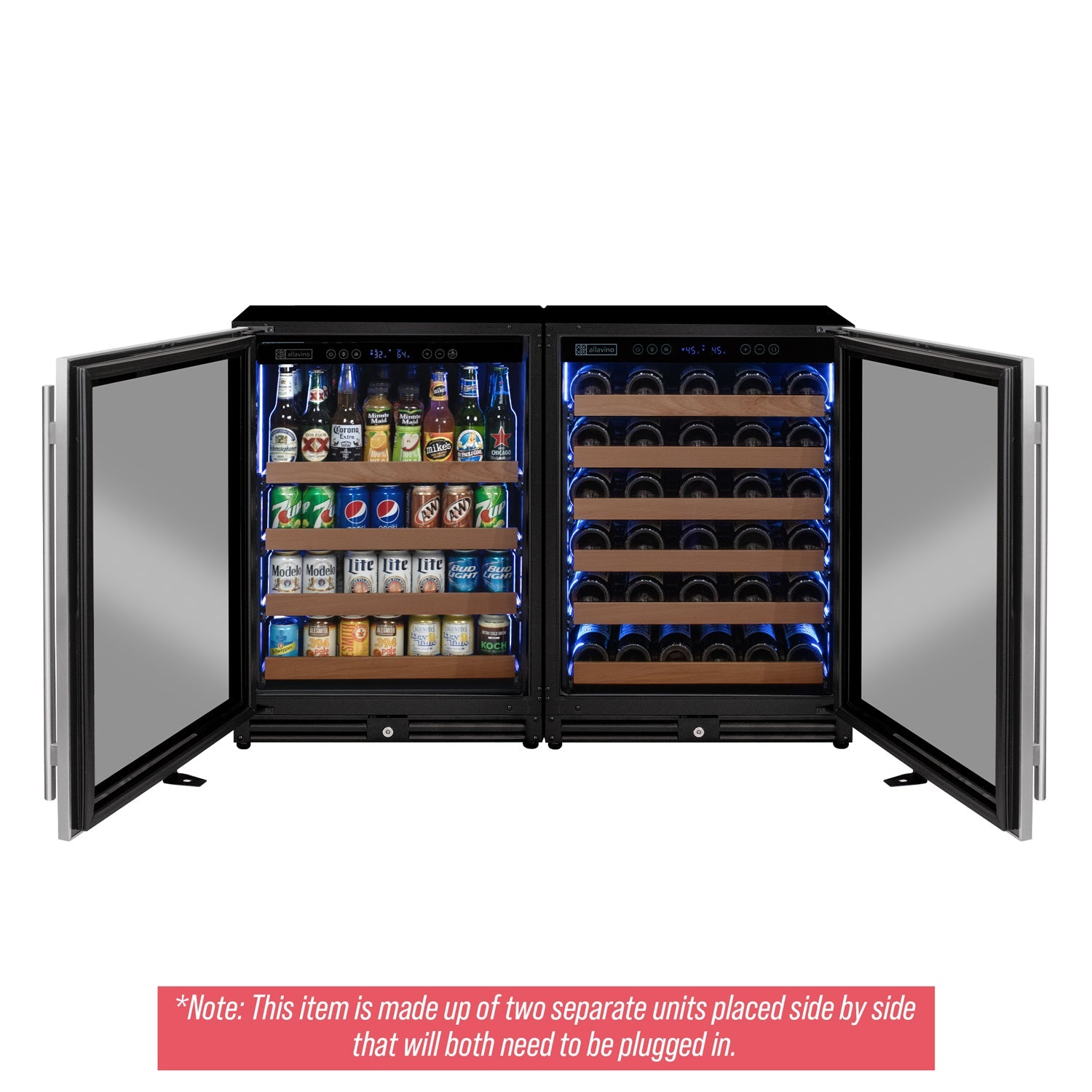 Allavino 47" Wide Reserva Series 51 Bottle/124 Can Stainless Steel Side-by-Side Two Zone Wine Refrigerator/Beverage Center : BF 2Z-VSWB24L-2S