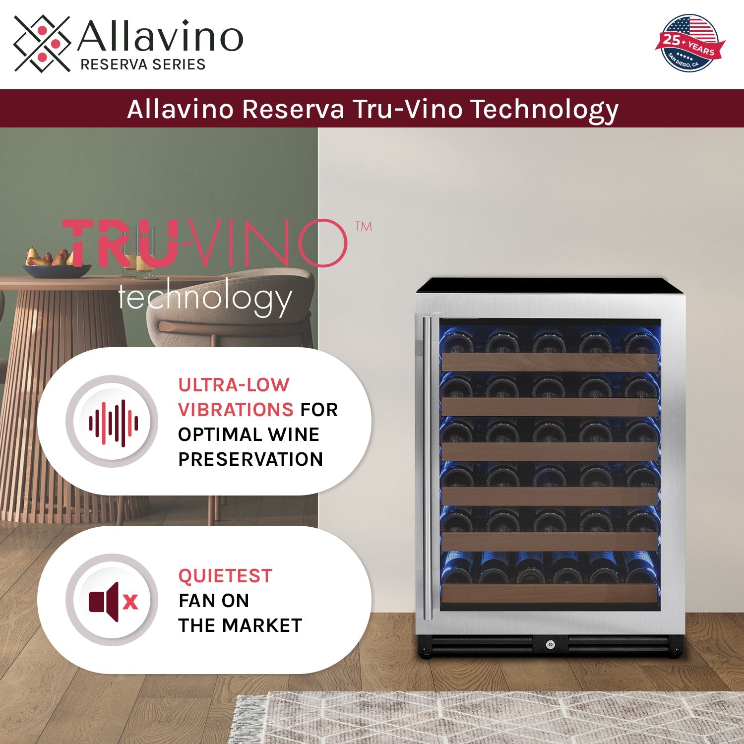 Allavino 47" Wide Reserva Series 51 Bottle/124 Can Stainless Steel Side-by-Side Two Zone Wine Refrigerator/Beverage Center : BF 2Z-VSWB24L-2S