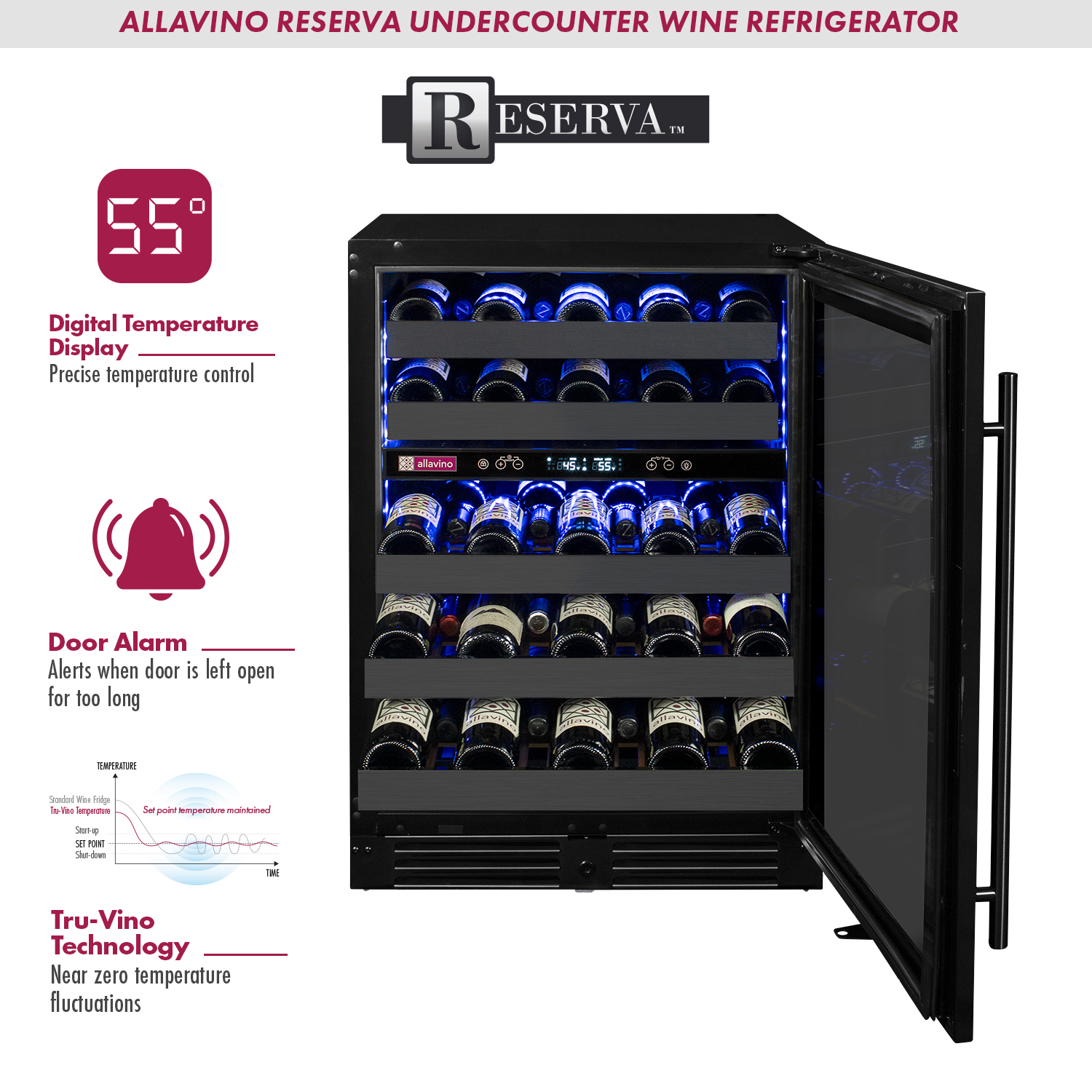 Allavino Reserva Series 100 Bottle 34" Tall Three Zone Black Stainless Steel Side-by-Side Wine Cooler Refrigerator BF 3Z-BDW5034-BS