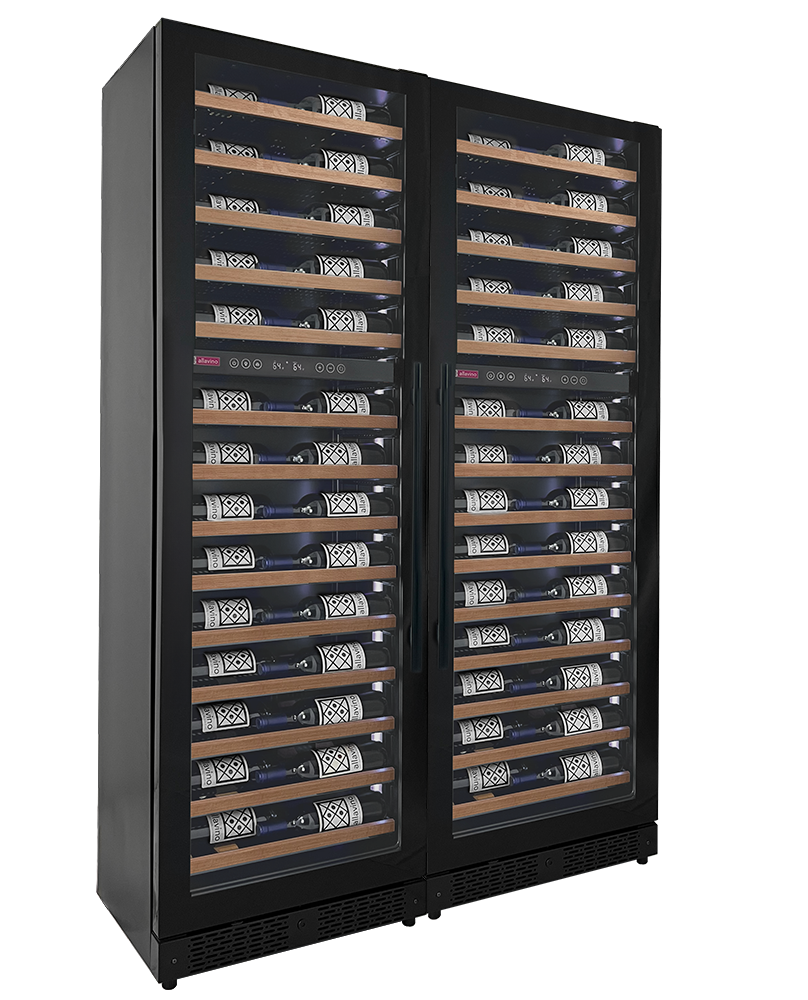 Allavino Reserva Series 134 Bottle 71" Tall Four Zone Black Side-by-Side Shallow Wine Refrigerator with Wood Front Shelves BF 2X-VSW6771D-2B-W