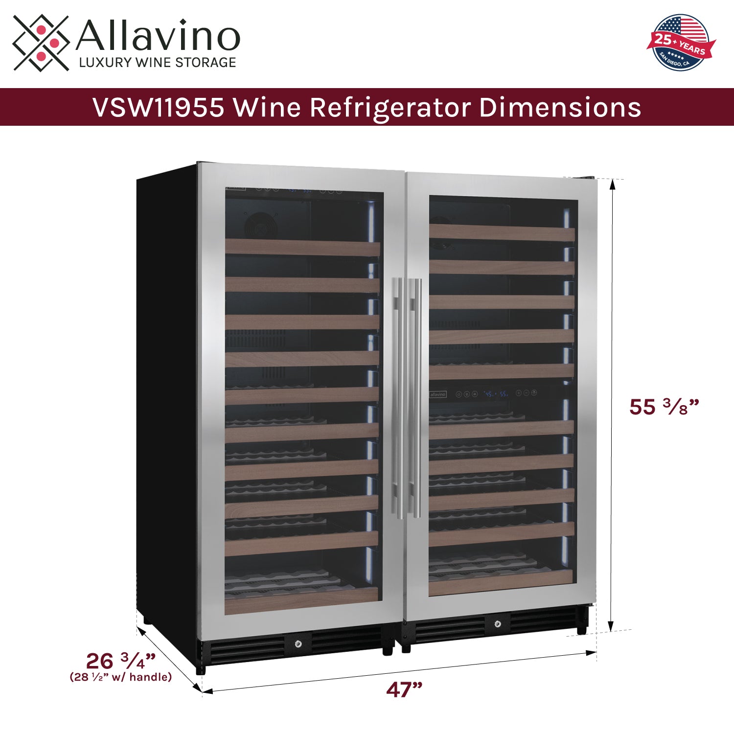 Allavino 238 Bottle 55" Tall Three Zone Side-by-Side Stainless Steel Wine Refrigerator BF 3Z-VSW11955-S