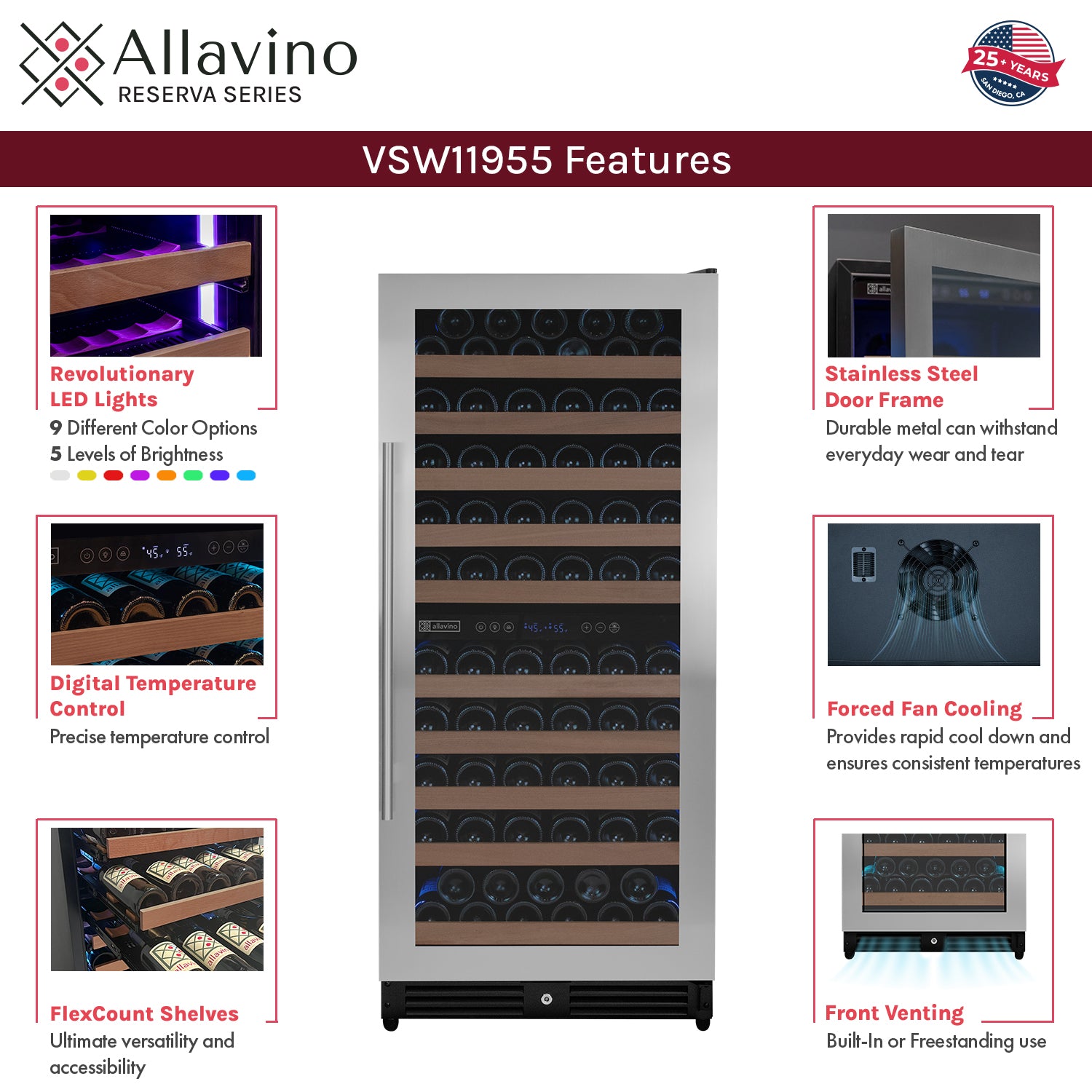 Allavino 238 Bottle 55" Tall Three Zone Side-by-Side Stainless Steel Wine Refrigerator BF 3Z-VSW11955-S