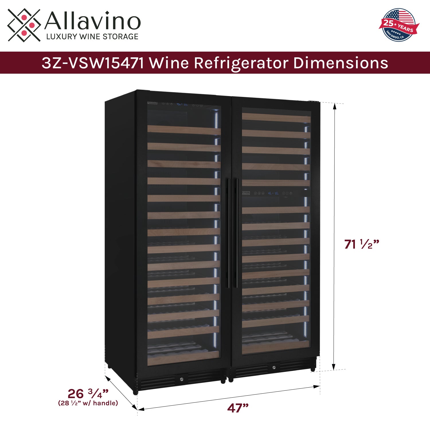 Allavino Reserva Series 317 Bottle Three Zone Tall Side-by-Side Wine Refrigerators with Black Metal Doors  BF 3Z-VSW15471-B