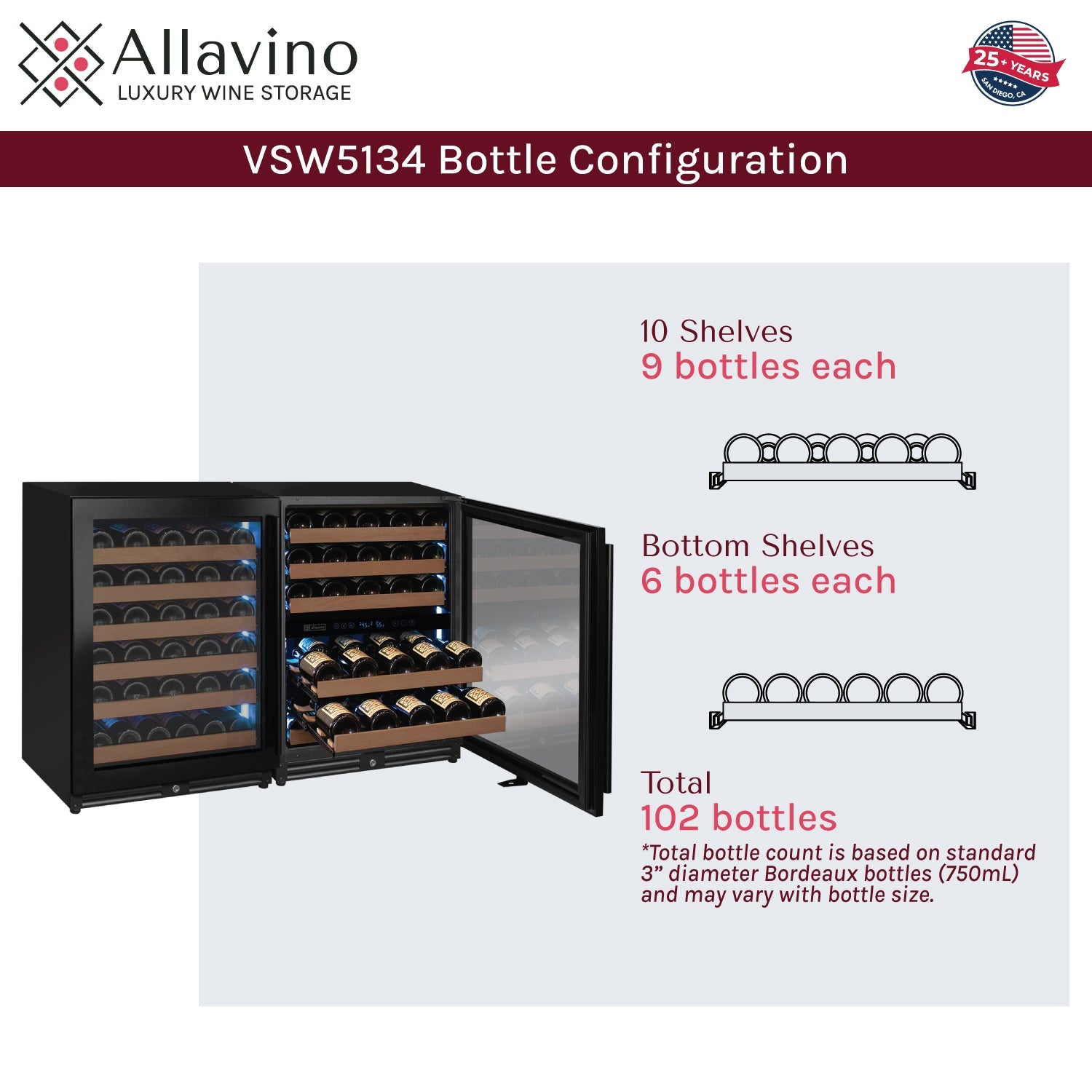 Allavino Reserva Series 102 Bottle Three Zone Built-in Luxury Wine Refrigerator with Black Metal Doors - Side-by-Side  BF 3Z-VSW5134-B