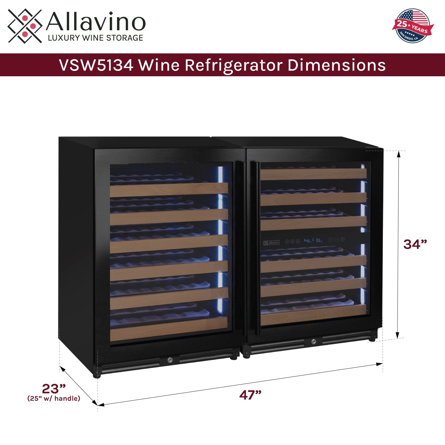 Allavino Reserva Series 102 Bottle Three Zone Built-in Luxury Wine Refrigerator with Black Metal Doors - Side-by-Side  BF 3Z-VSW5134-B