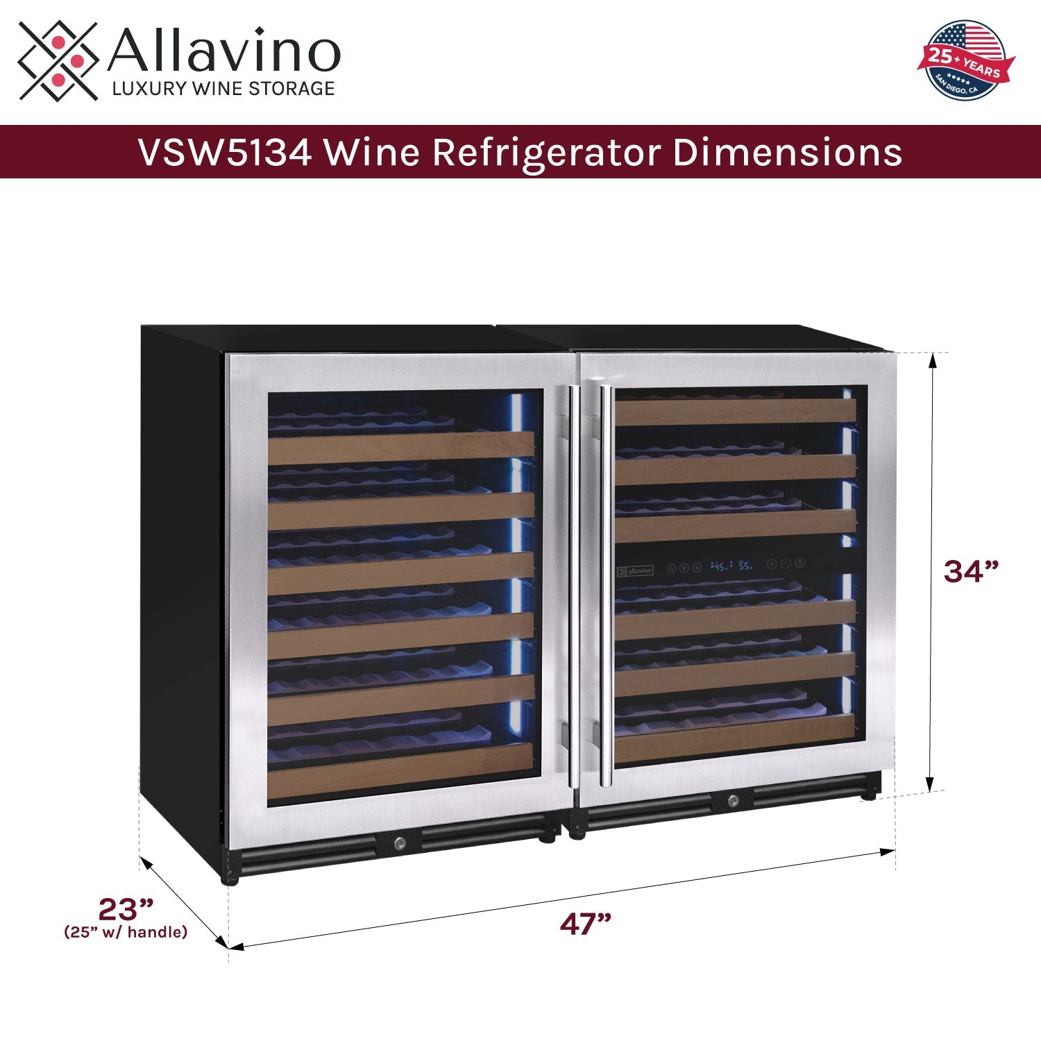 Allavino Reserva Series 102 Bottle Three Zone Undercounter Wine Refrigerator Cooler with Stainless Steel Doors - Side-by-Side  BF 3Z-VSW5134-S