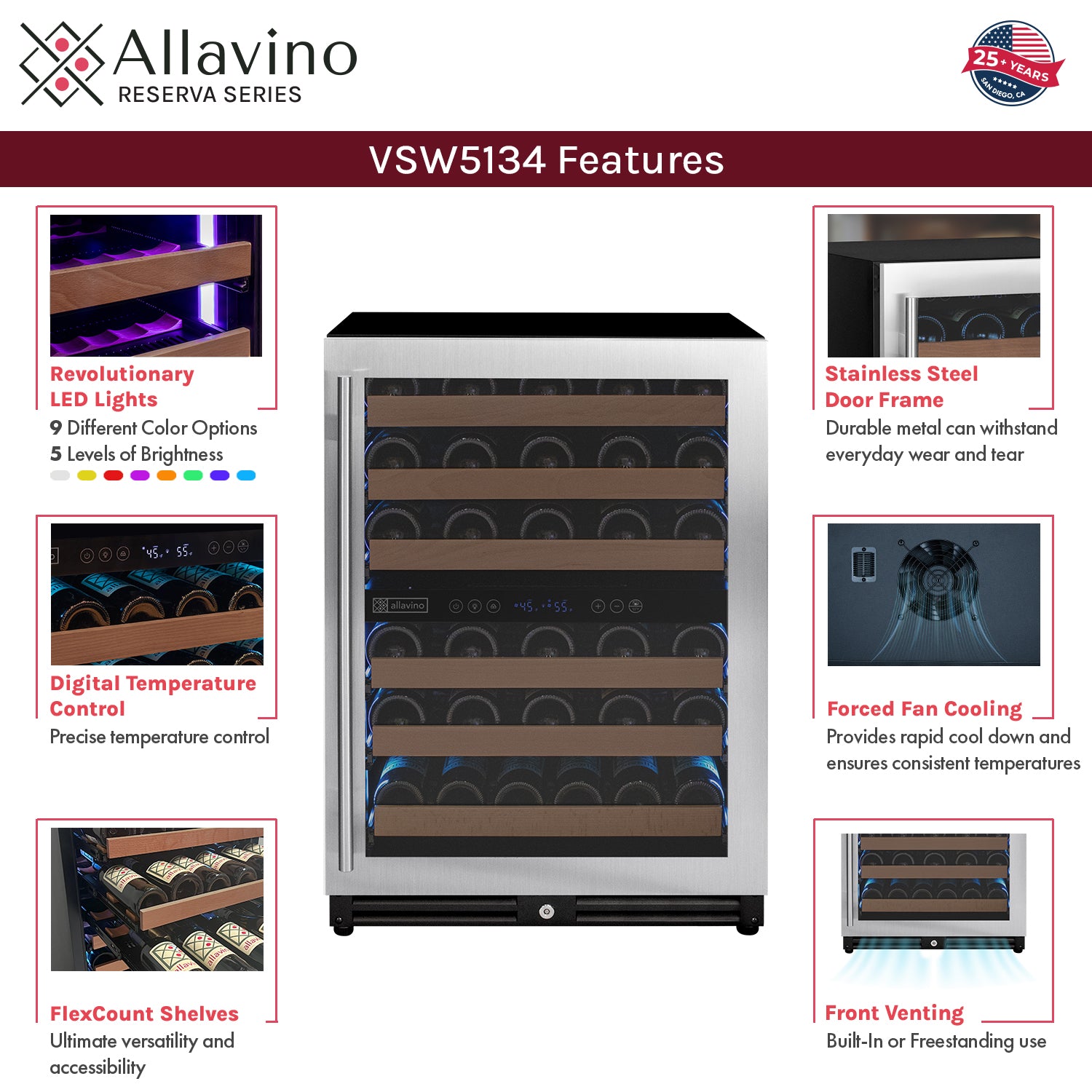 Allavino Reserva Series 102 Bottle Three Zone Undercounter Wine Refrigerator Cooler with Stainless Steel Doors - Side-by-Side  BF 3Z-VSW5134-S