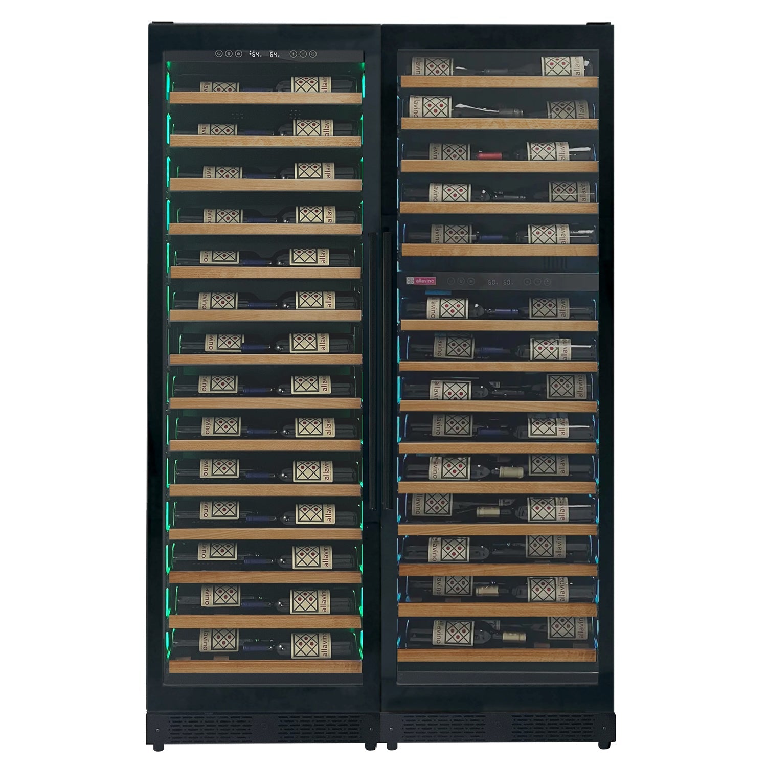 Allavino Reserva Series 134 Bottle 71" Tall Three Zone Black Side-by-Side Shallow Wine Refrigerator with Wood Front Shelves BF 3Z-VSW6771-W
