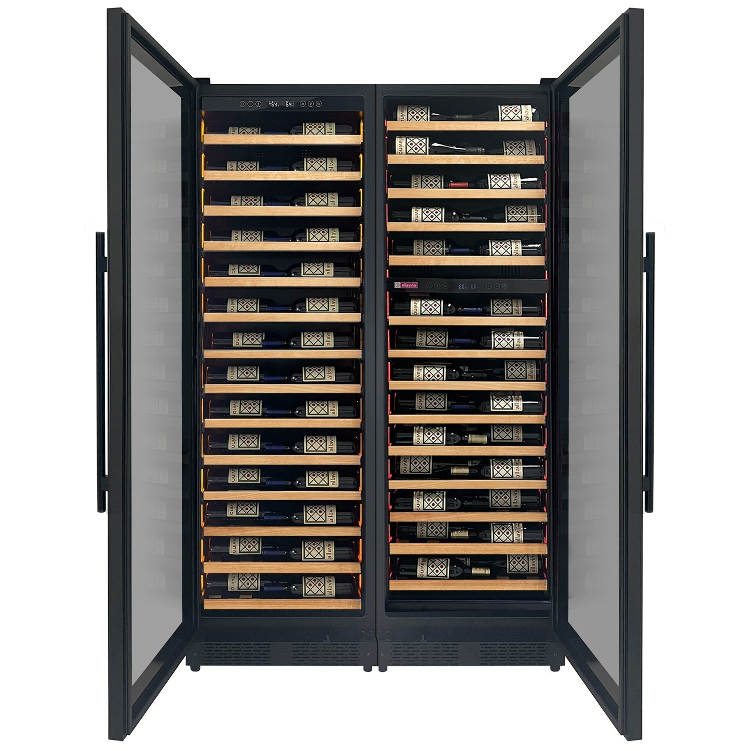 Allavino Reserva Series 134 Bottle 71" Tall Three Zone Black Side-by-Side Shallow Wine Refrigerator with Wood Front Shelves BF 3Z-VSW6771-W