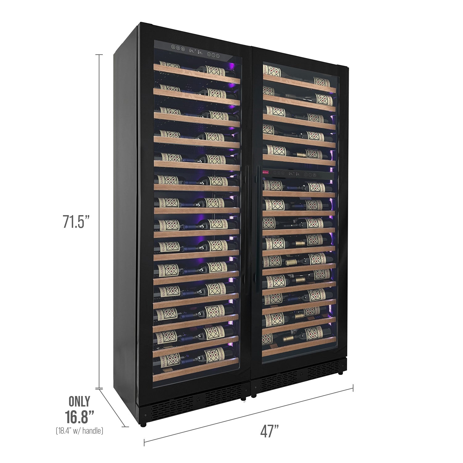 Allavino Reserva Series 134 Bottle 71" Tall Three Zone Black Side-by-Side Shallow Wine Refrigerator with Wood Front Shelves BF 3Z-VSW6771-W