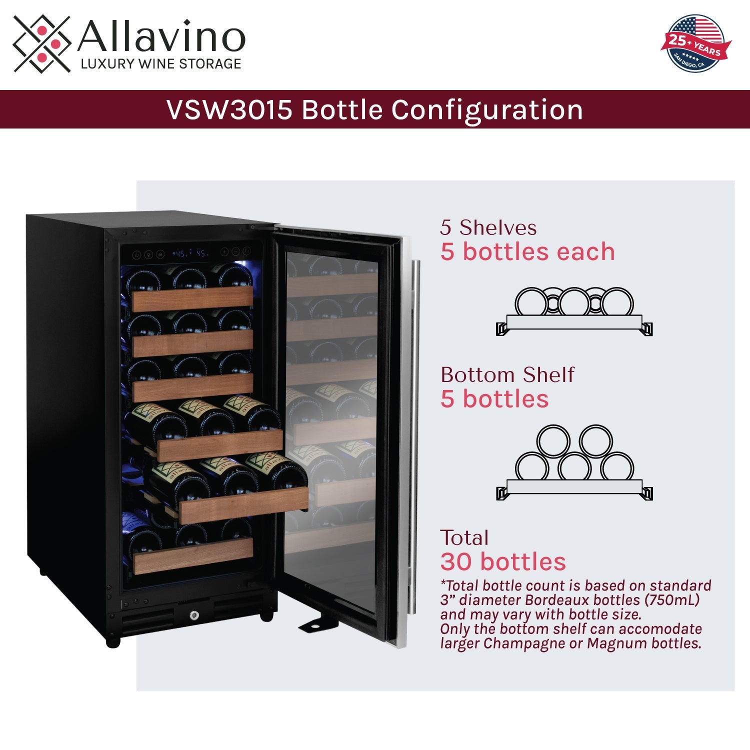 Allavino Reserva Series 30 Bottle/88 Can Dual Zone Side-by-Side Wine Refrigerator/Beverage Center with Stainless Steel Doors BF 3Z-VSWB15-2S20
