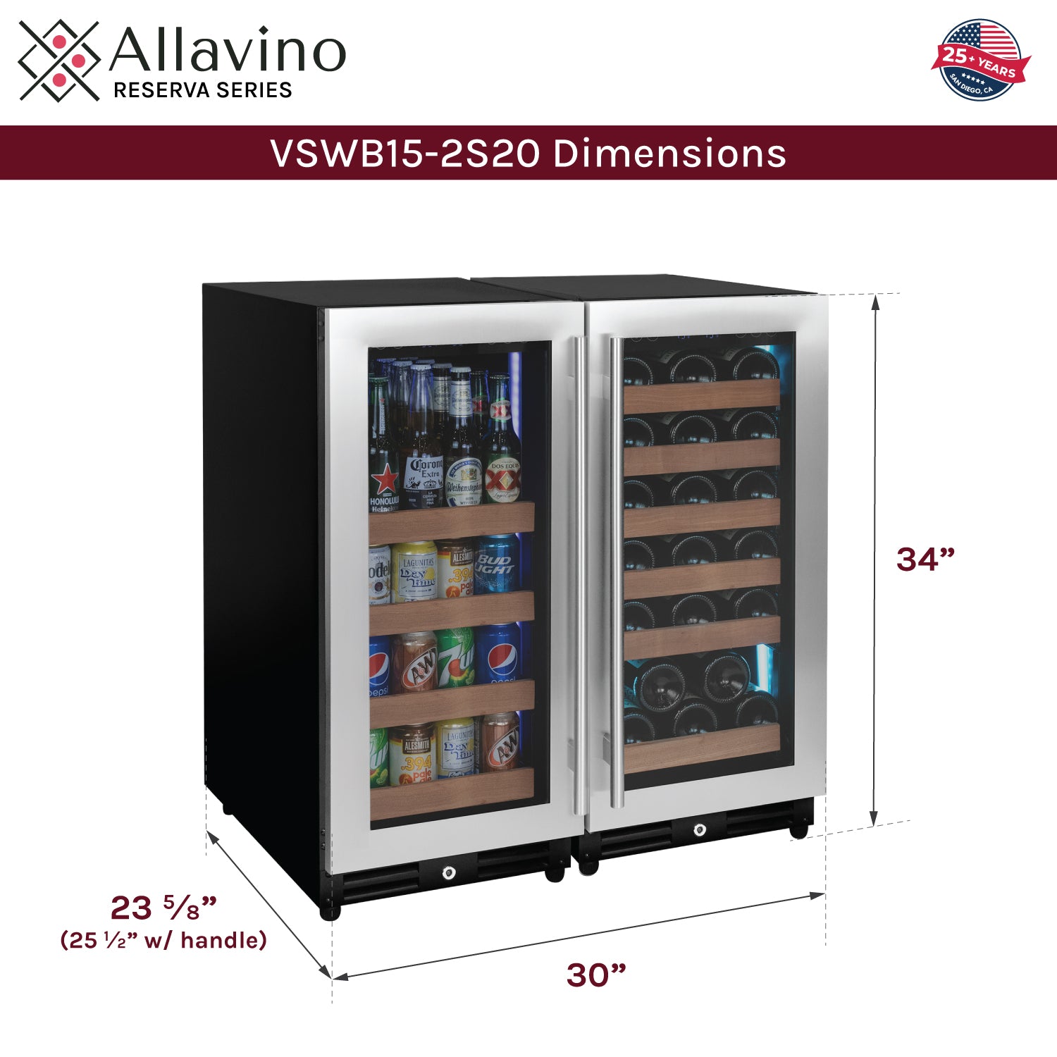 Allavino Reserva Series 30 Bottle/88 Can Dual Zone Side-by-Side Wine Refrigerator/Beverage Center with Stainless Steel Doors BF 3Z-VSWB15-2S20