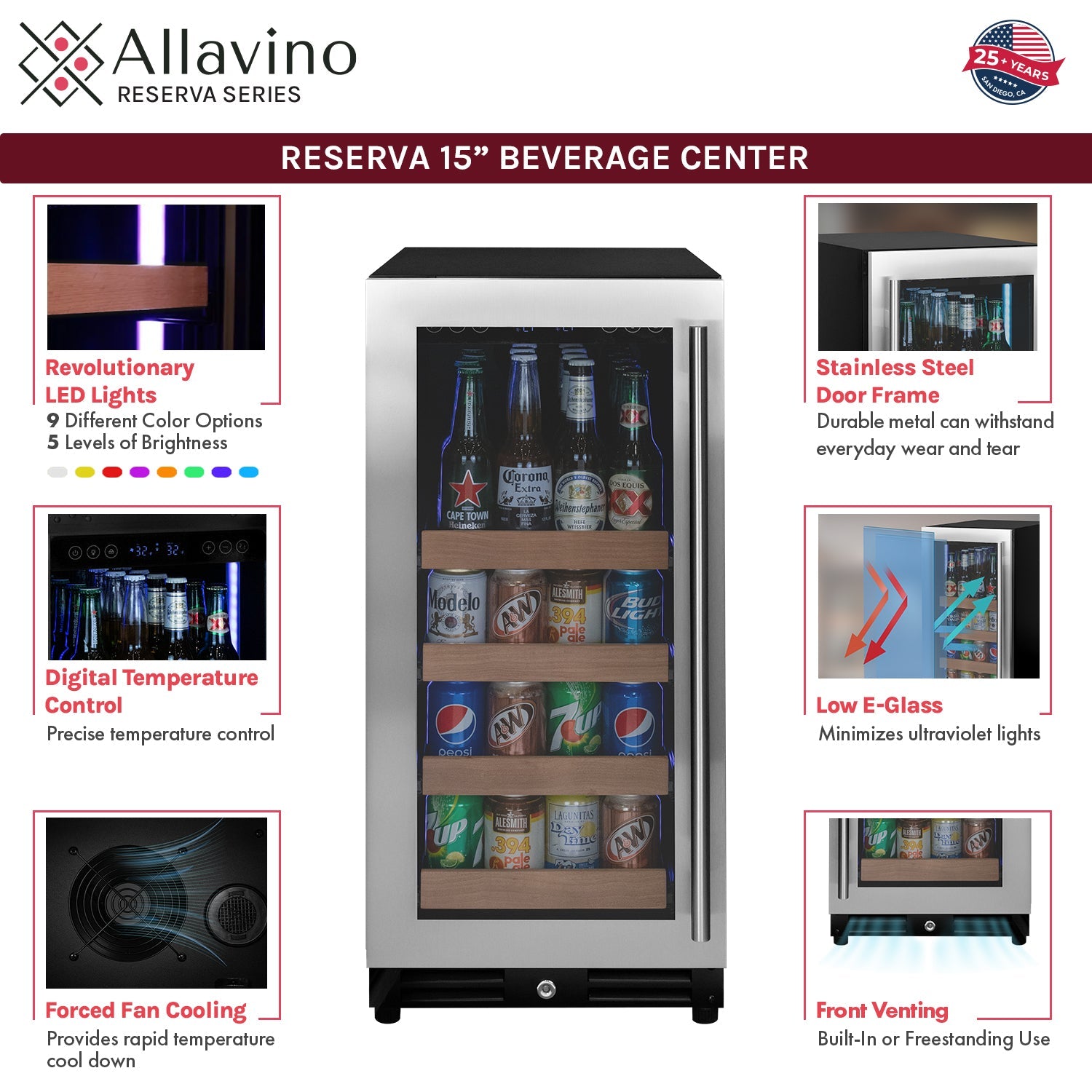Allavino Reserva Series 30 Bottle/88 Can Dual Zone Side-by-Side Wine Refrigerator/Beverage Center with Stainless Steel Doors BF 3Z-VSWB15-2S20