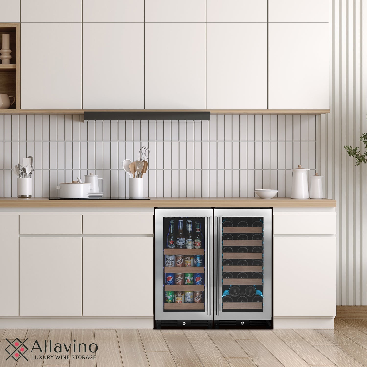 Allavino Reserva Series 30 Bottle/88 Can Dual Zone Side-by-Side Wine Refrigerator/Beverage Center with Stainless Steel Doors BF 3Z-VSWB15-2S20
