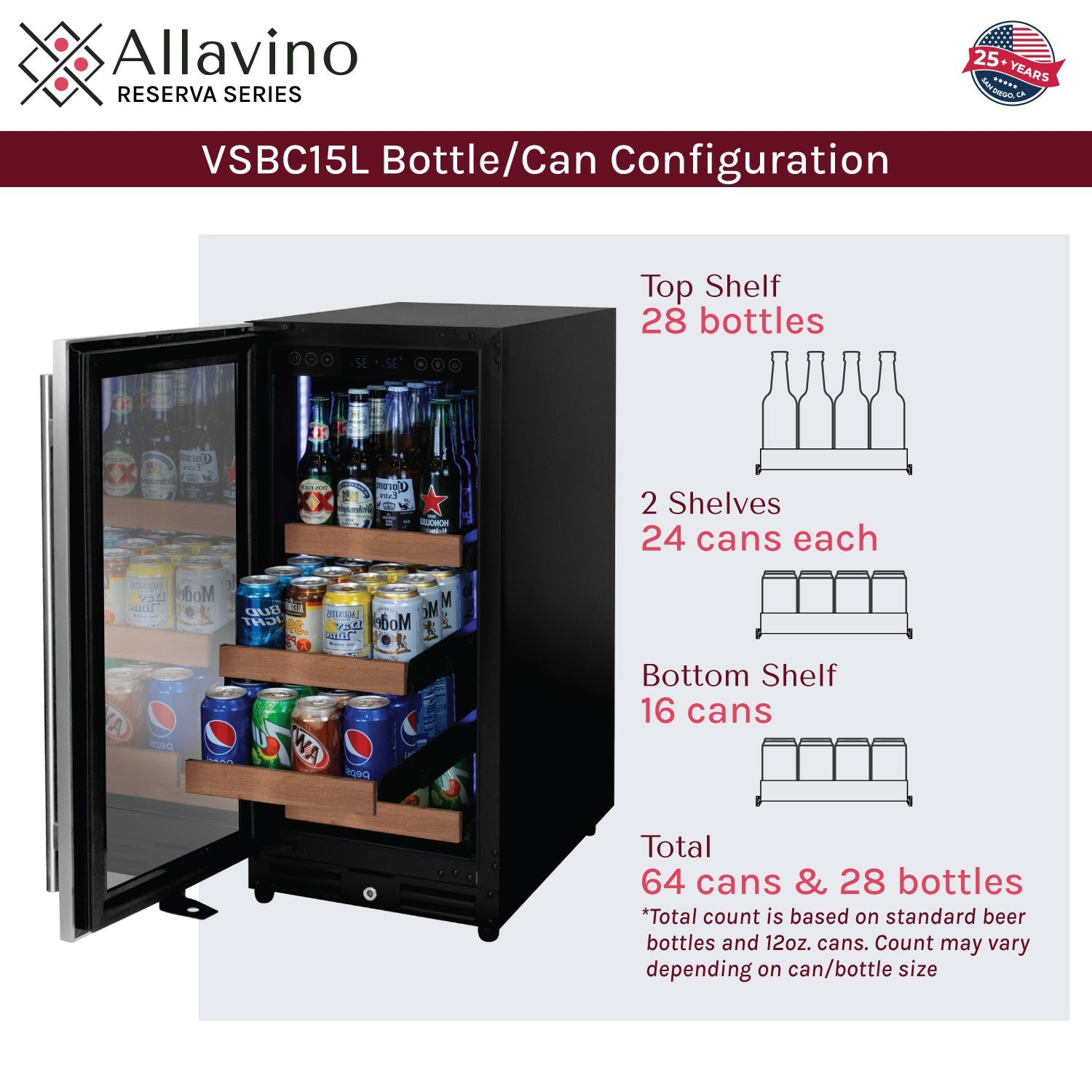 Allavino Reserva Series 30 Bottle/88 Can Dual Zone Side-by-Side Wine Refrigerator/Beverage Center with Stainless Steel Doors BF 3Z-VSWB15-3S20